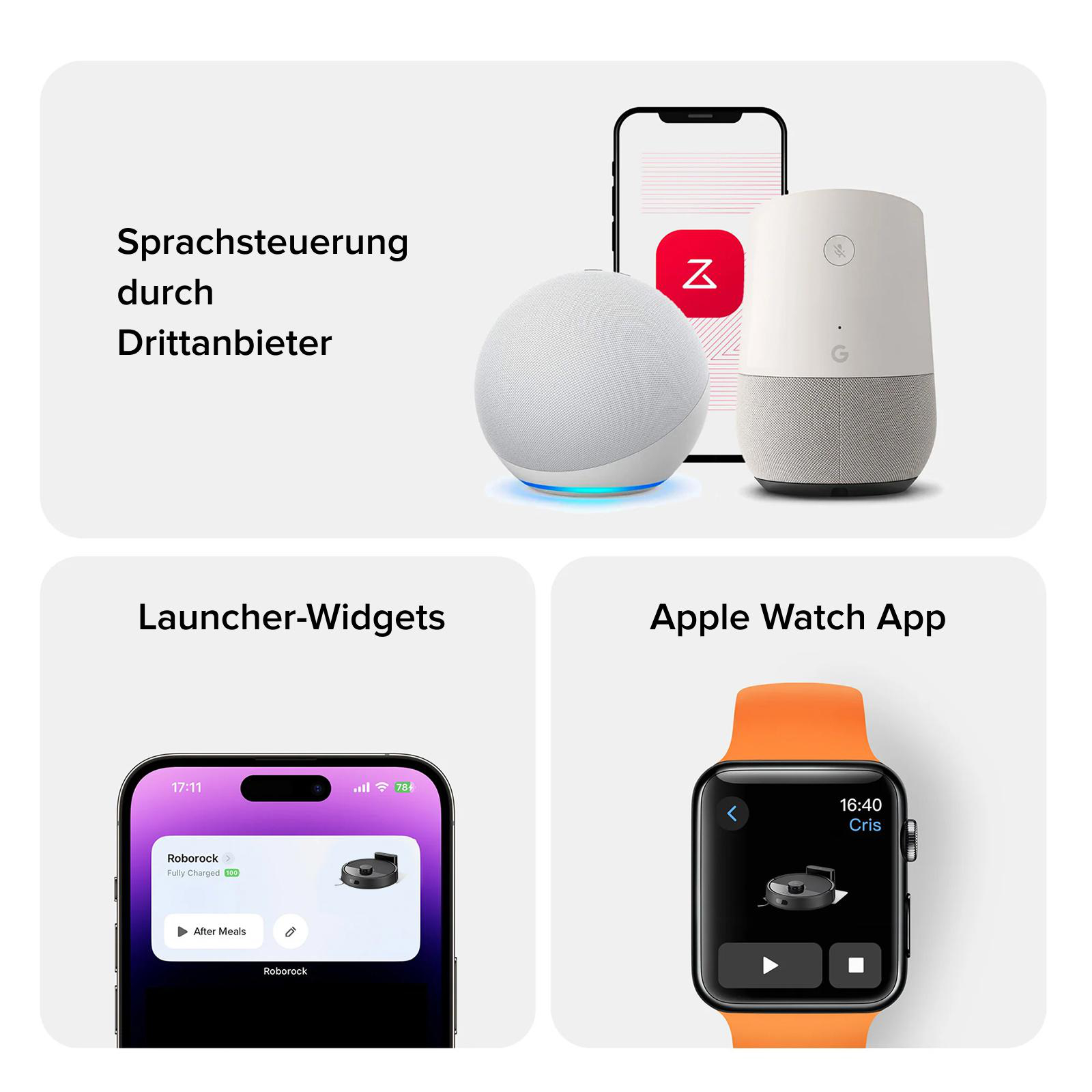 Das Bild zeigt Smart-Home-Geräte, Smartphones und eine Smartwatch. Es zeigt Apps zur Steuerung von Geräten wie einem Roboterstaubsauger.
