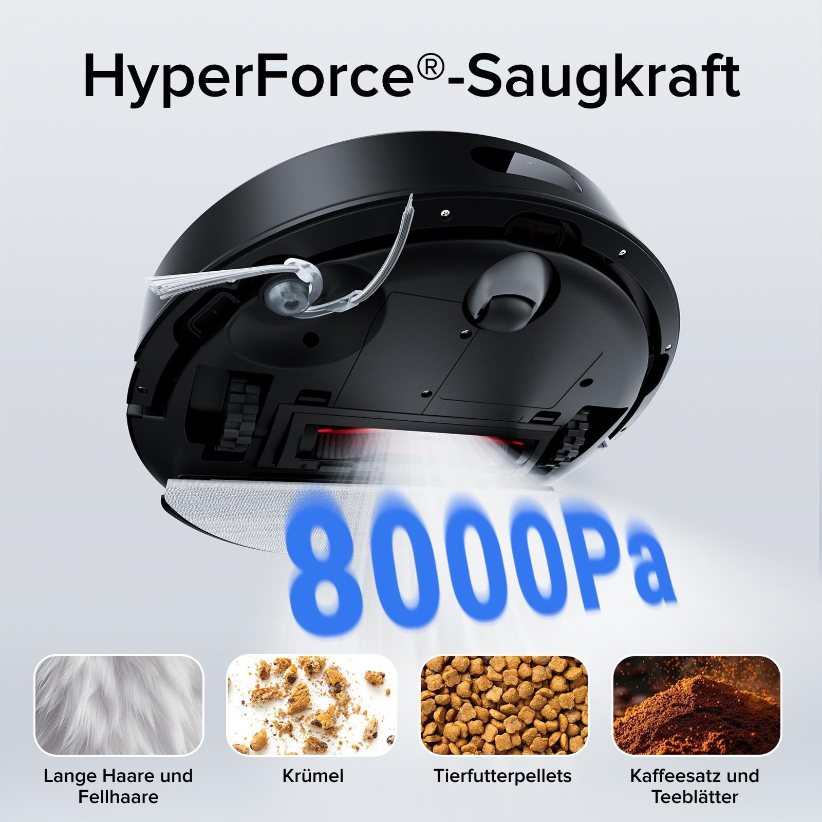 Schwarzer Roboter-Staubsauger mit Text "HyperForce - Saugkraft" und Illustrationen von Schmutz, den er reinigen kann.