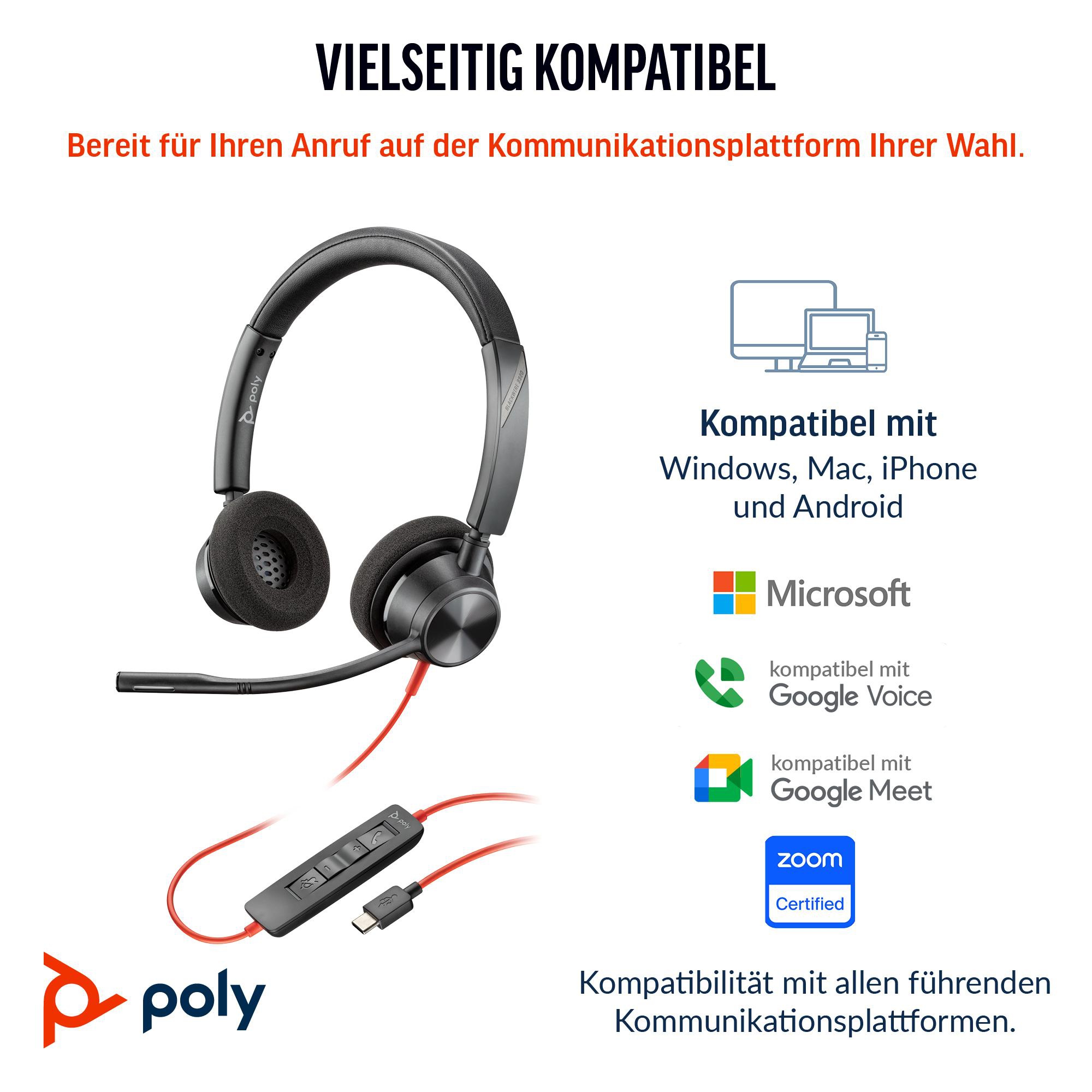 Ein schwarzes Headset mit rotem Kabel, Poly-Logo. Text: Kompatibilität mit verschiedenen Plattformen.