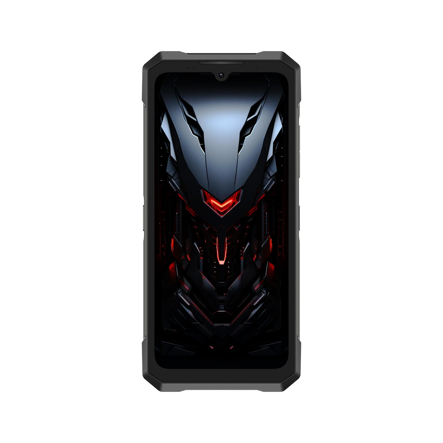 Uno smartphone nero con cornice strutturata. Lo schermo mostra un design futuristico con forme astratte rosse e nere.