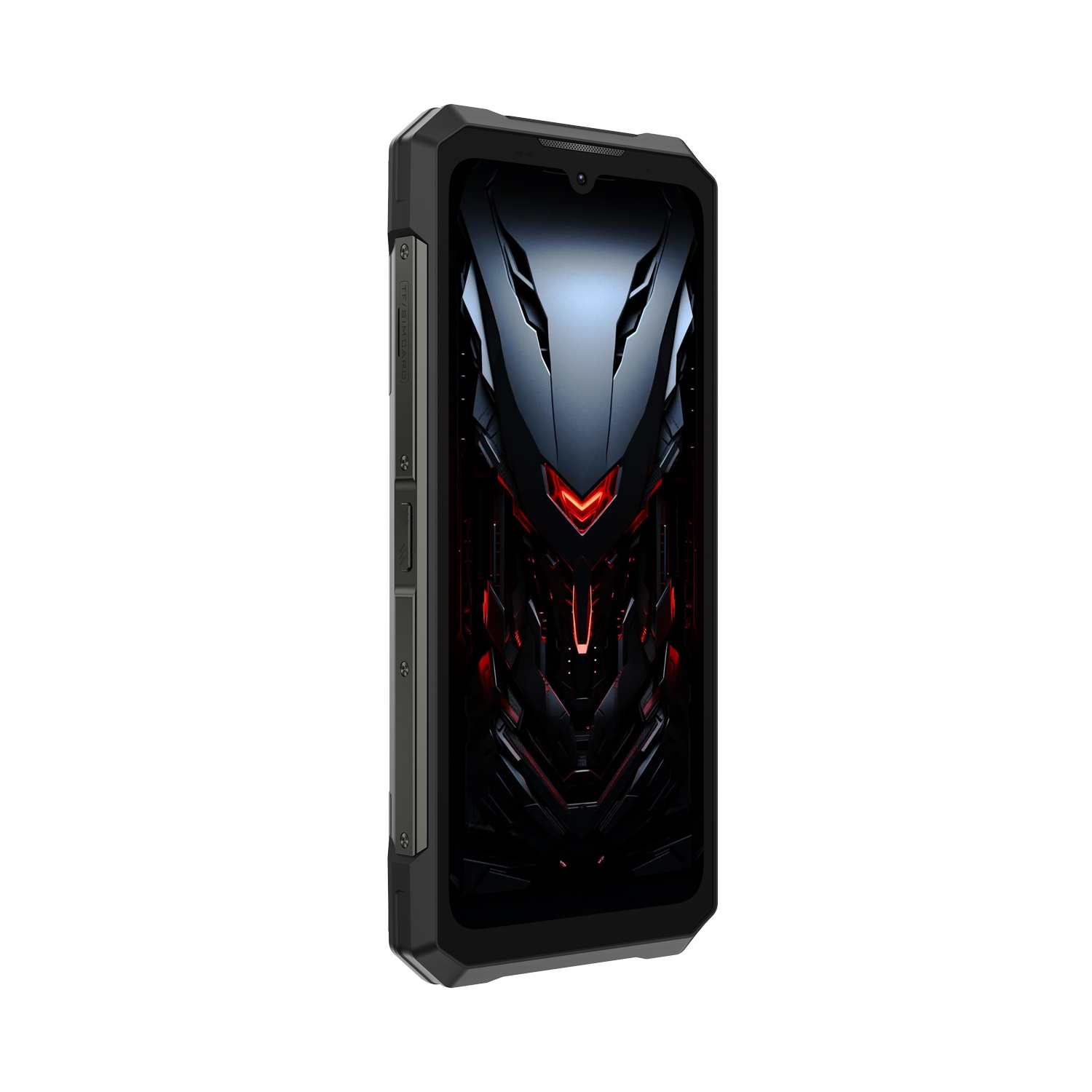 Uno smartphone nero con un design futuristico. Lo schermo mostra una grafica rossa e grigia. Il telefono è in orientamento verticale.