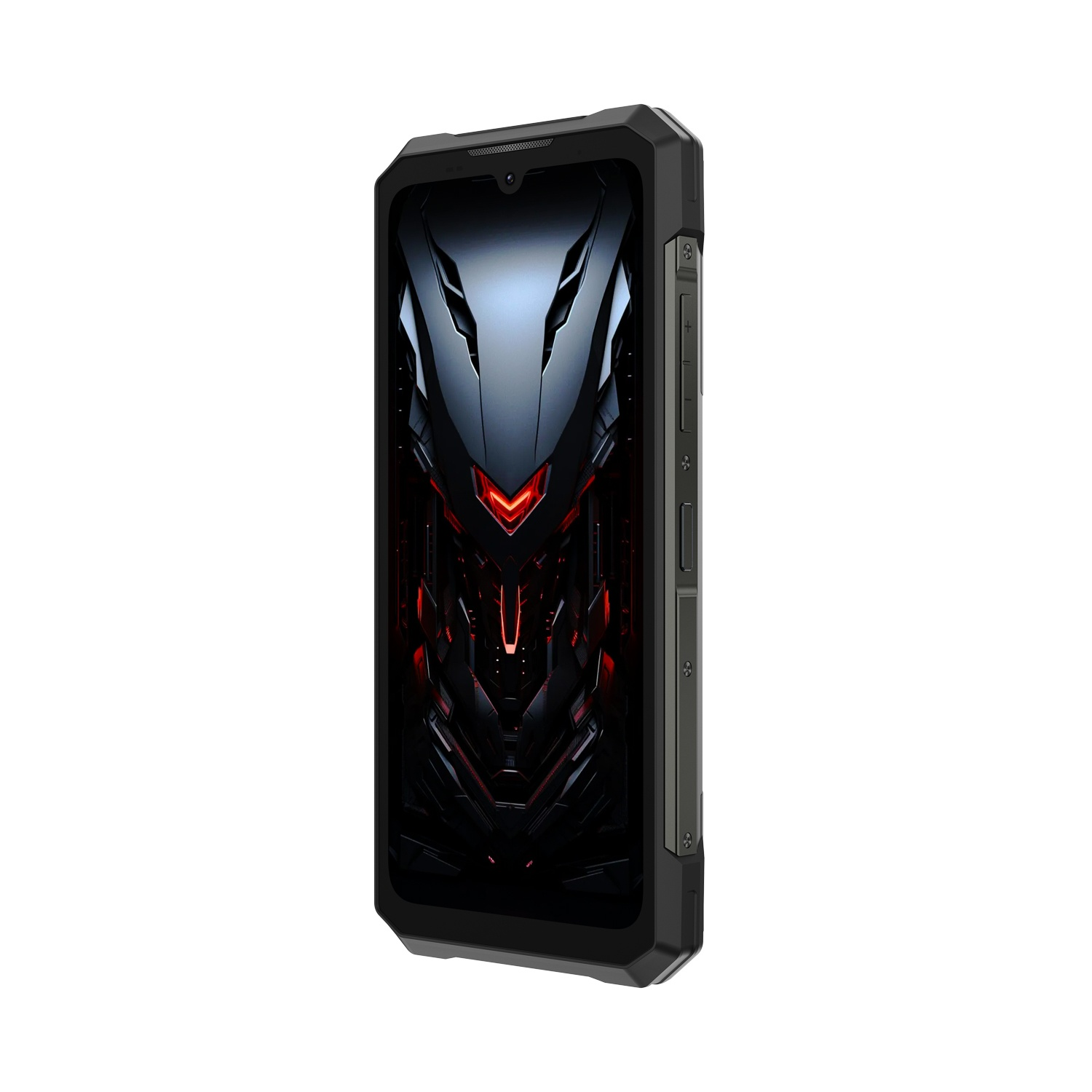 Uno smartphone nero con un design futuristico sullo schermo. Lo schermo mostra un'illustrazione rossa e nera. Il telefono ha una cornice robusta.