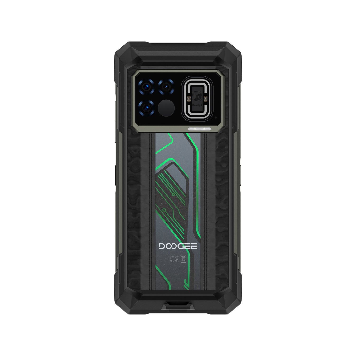 Retro del telefono nero con più fotocamere, design del circuito verde e logo Doogee.