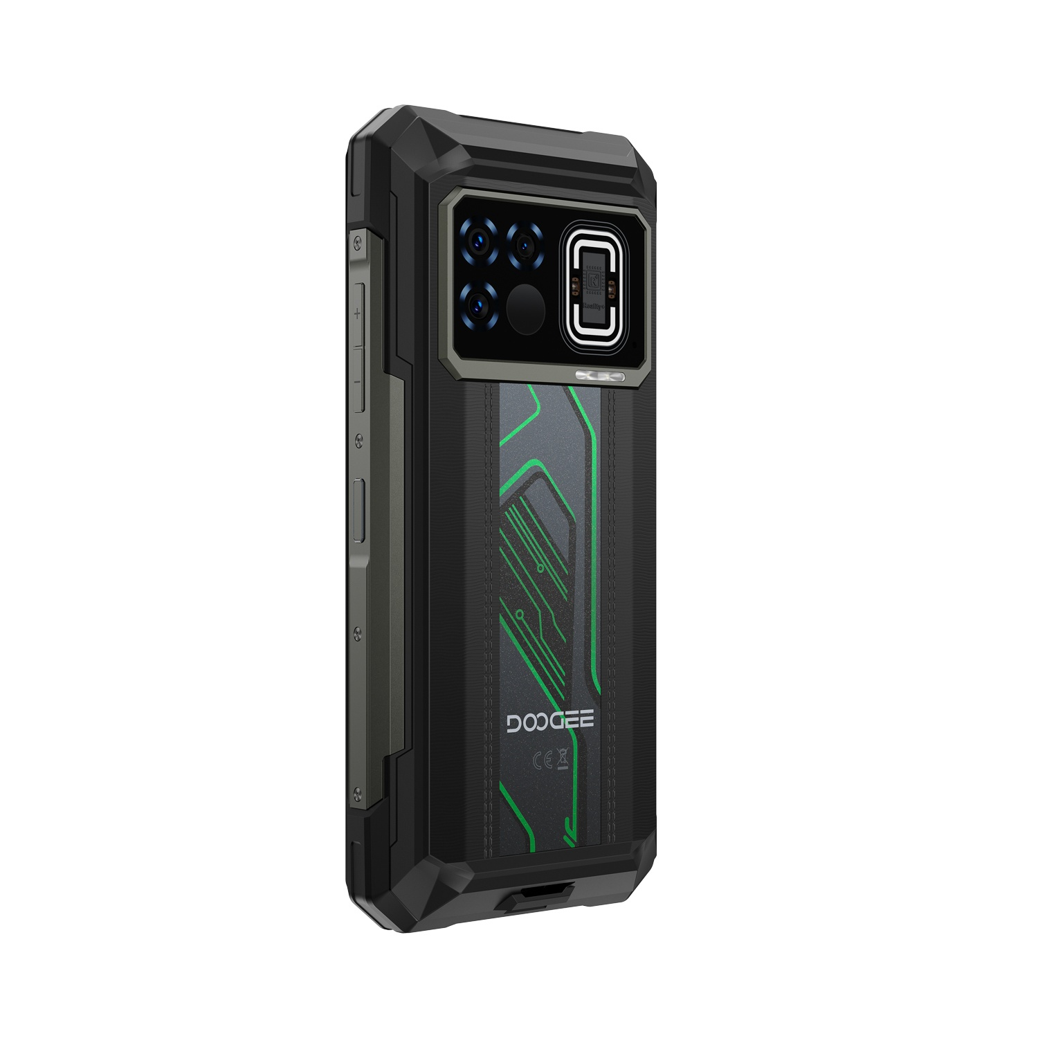 Smartphone nero e grigio robusto con accenti verdi. Dispone di più fotocamere e del logo Doogee. Leggermente inclinato a sinistra.