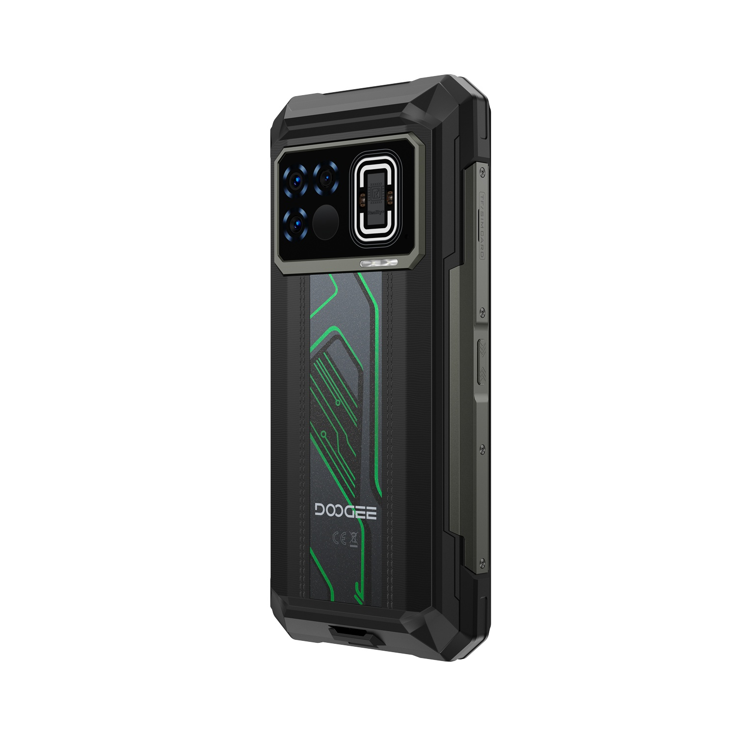 Smartphone nero, marchio DOOGEE. Ha più fotocamere, dettagli verdi e un design robusto. Il telefono è in posizione verticale.