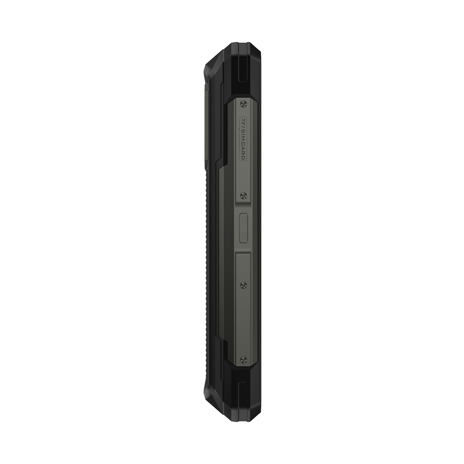 Vista laterale di uno smartphone robusto. Ha una cornice grigio scuro, con pulsanti e uno slot per schede SIM TF.