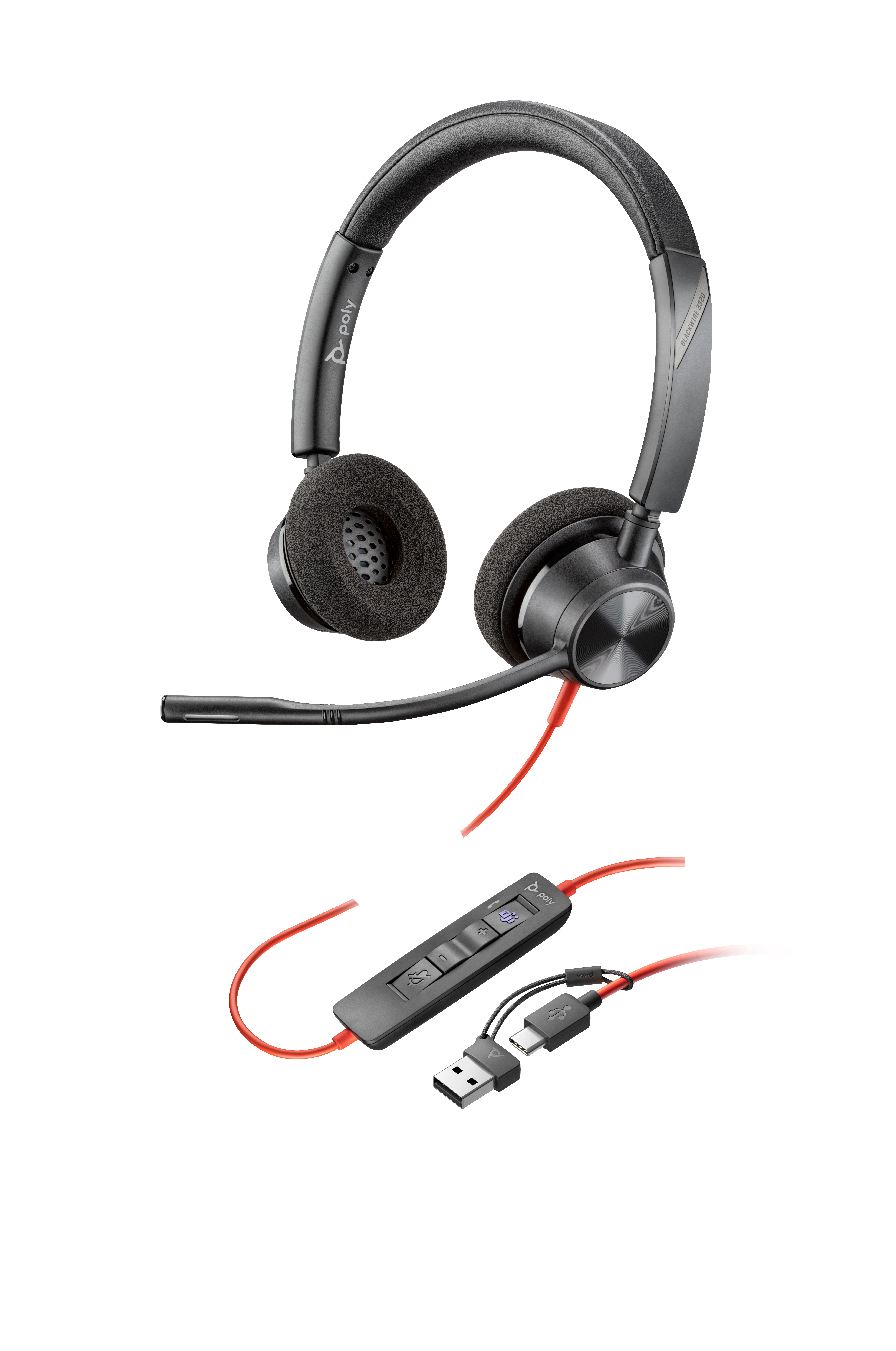 Ein schwarzes und graues Poly Blackwire 3320 Headset. Das Headset hat ein Mikrofon und einen Controller mit rotem USB-Kabel.