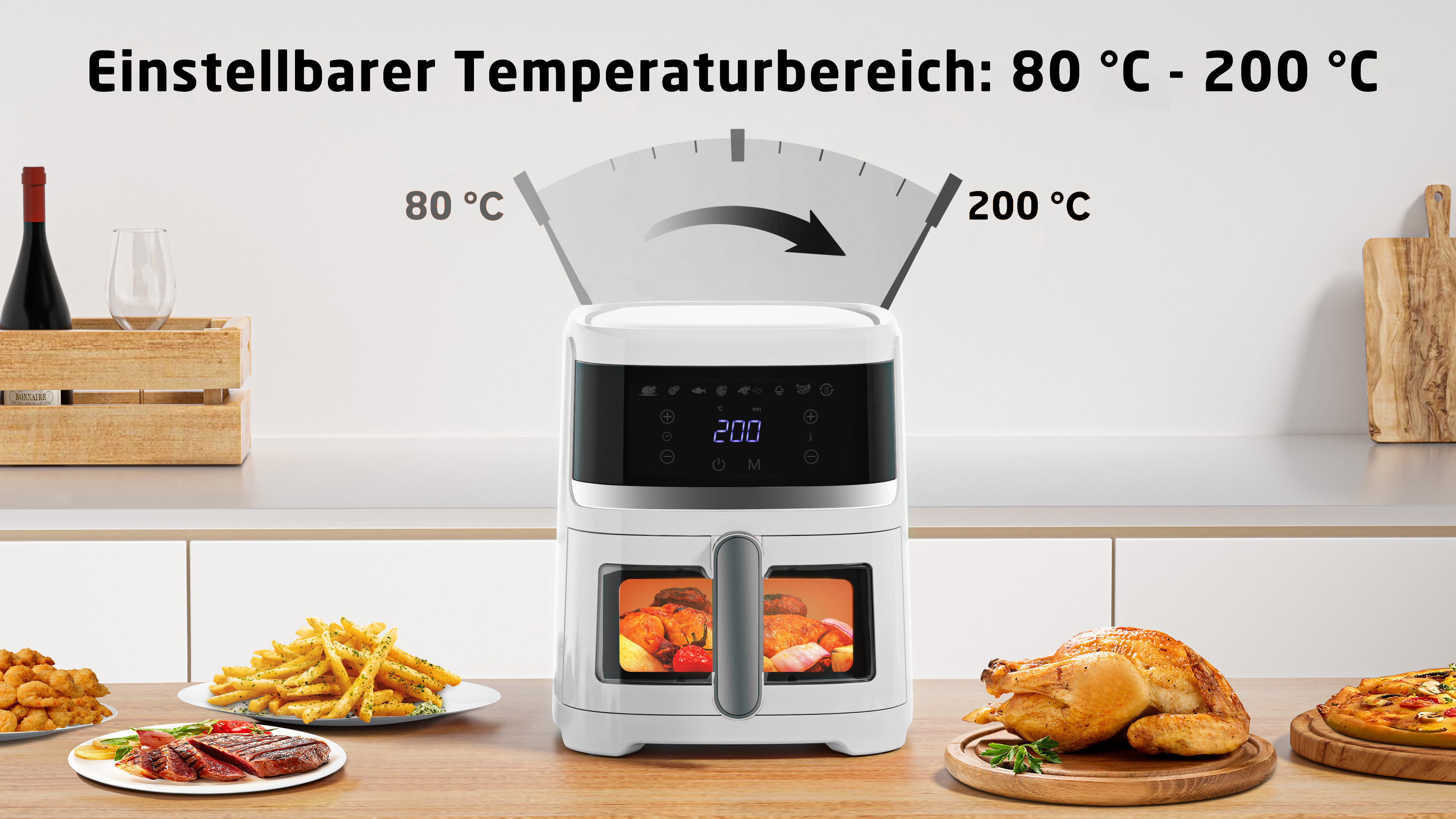 Frytkownica beztłuszczowa pokazuje 200°C. Wyświetlane są potrawy, w tym kurczak, frytki i stek. Butelka wina i kieliszek po lewej.