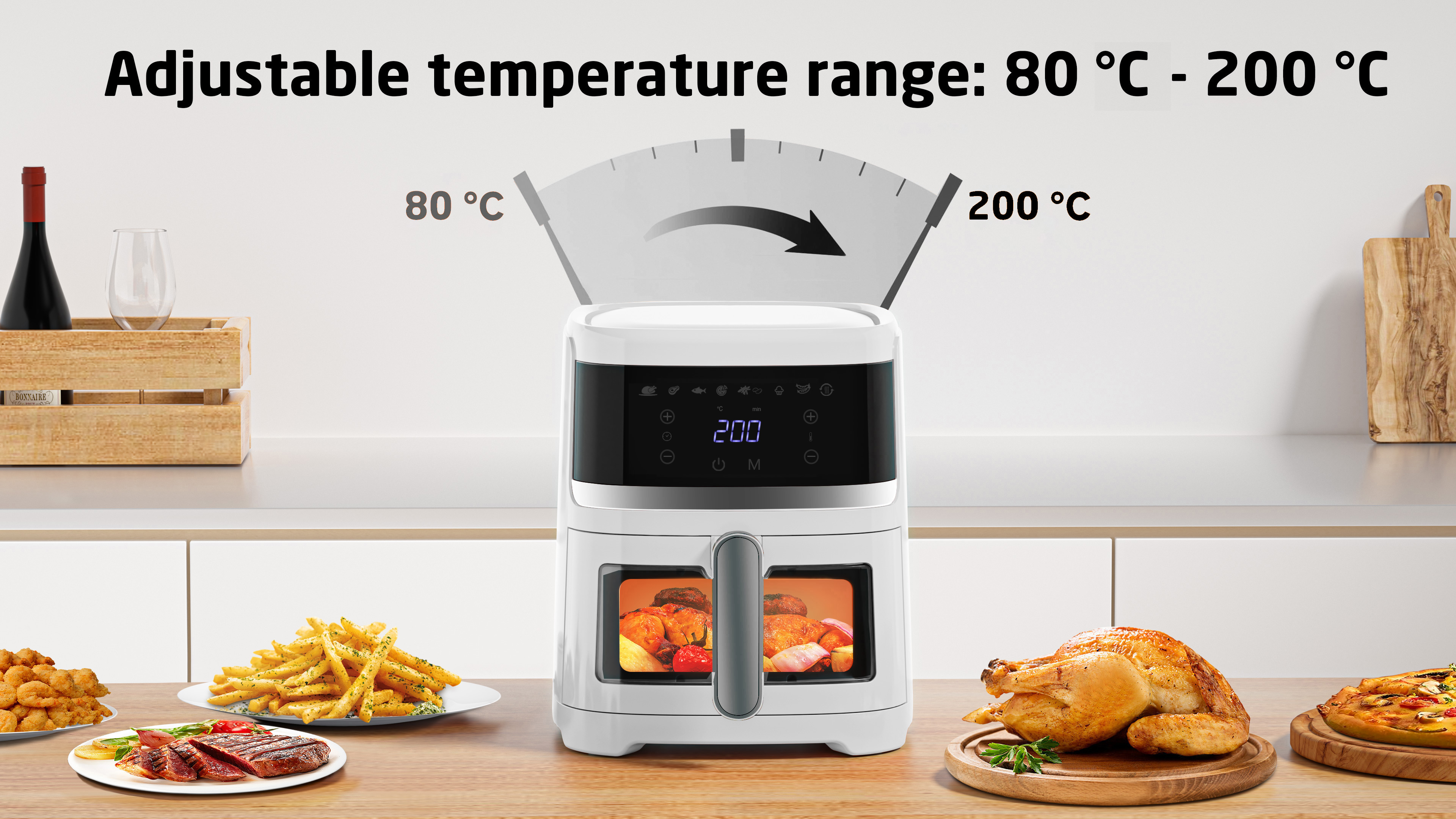 Frytownica powietrzna z jedzeniem w środku, ustawienia temperatury. Różne talerze z jedzeniem. Butelka wina i kieliszek po lewej.