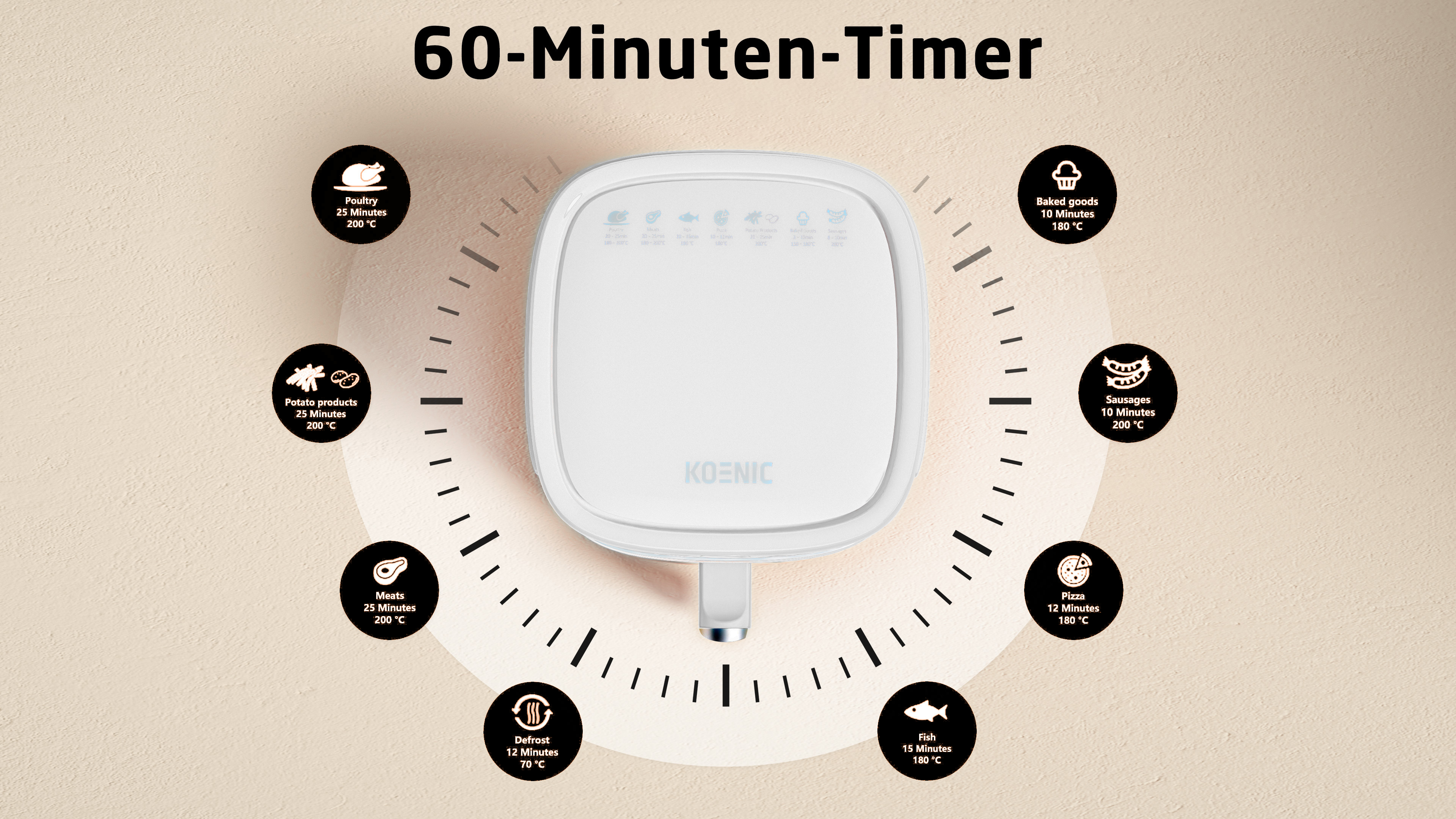 Frytkownica beztłuszczowa z ikonami jedzenia wokół timera. Obejmuje drób, produkty ziemniaczane, mięso, rozmrażanie, ryby, pizzę, kiełbasy, wypieki.