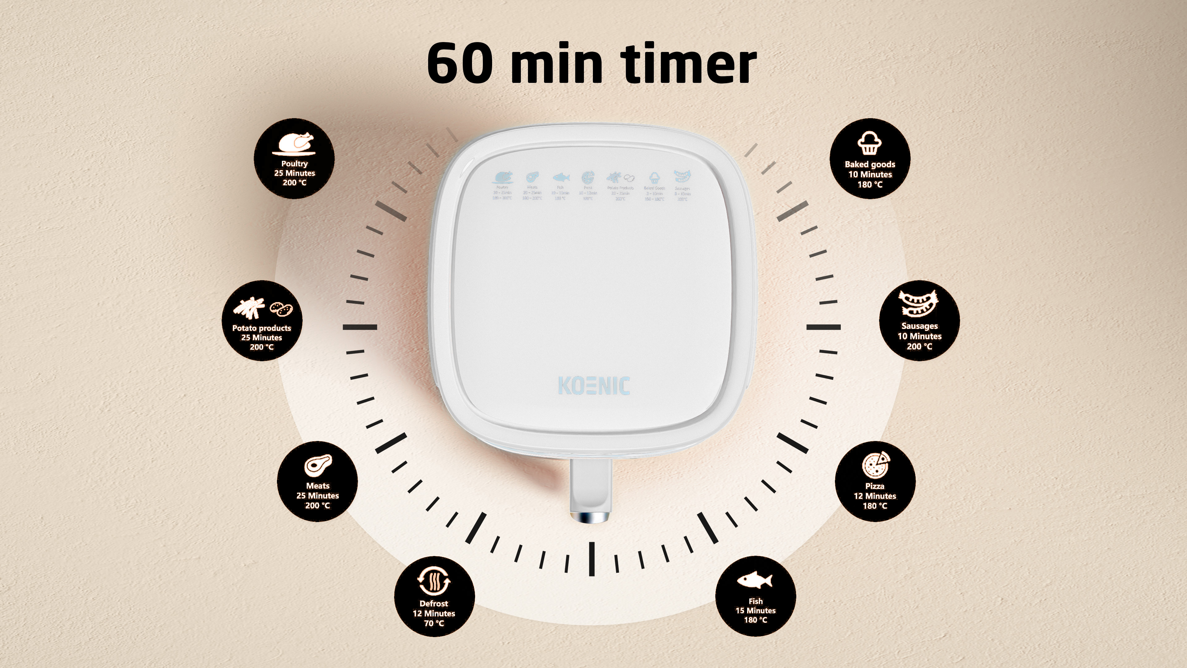 Frytownica powietrzna z 60-minutowym timerem. Posiada ustawienia gotowania dla różnych potraw, np. drobiu, ryb i pizzy.