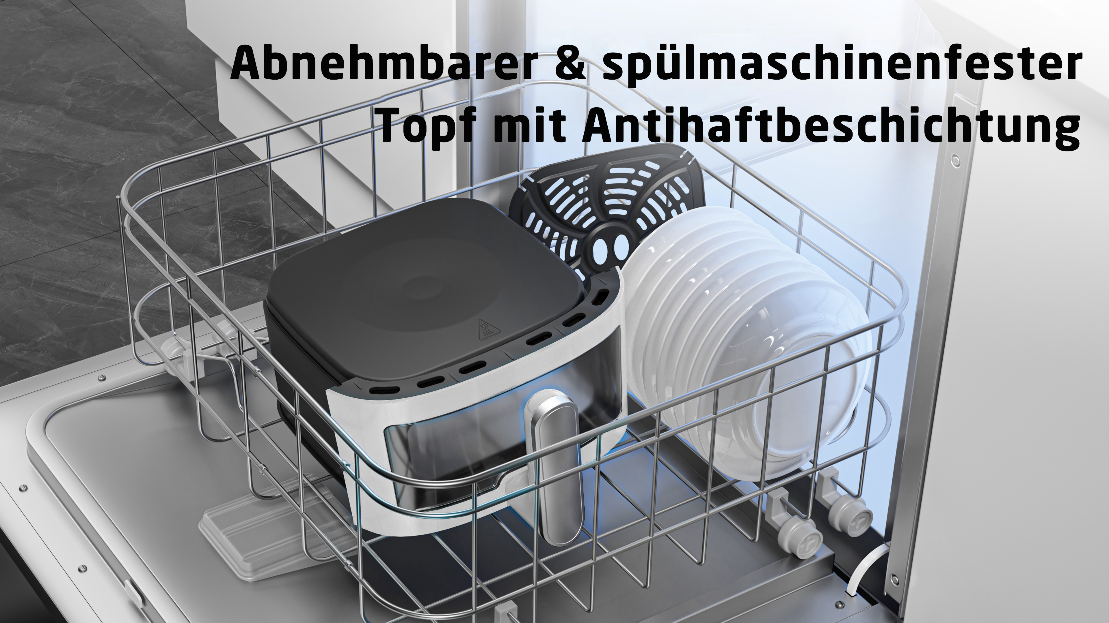 Zmywarka z częściami frytkownicy powietrznej. Czarna frytkownica, białe talerze i czarny filtr w środku. Srebrny druciany kosz.