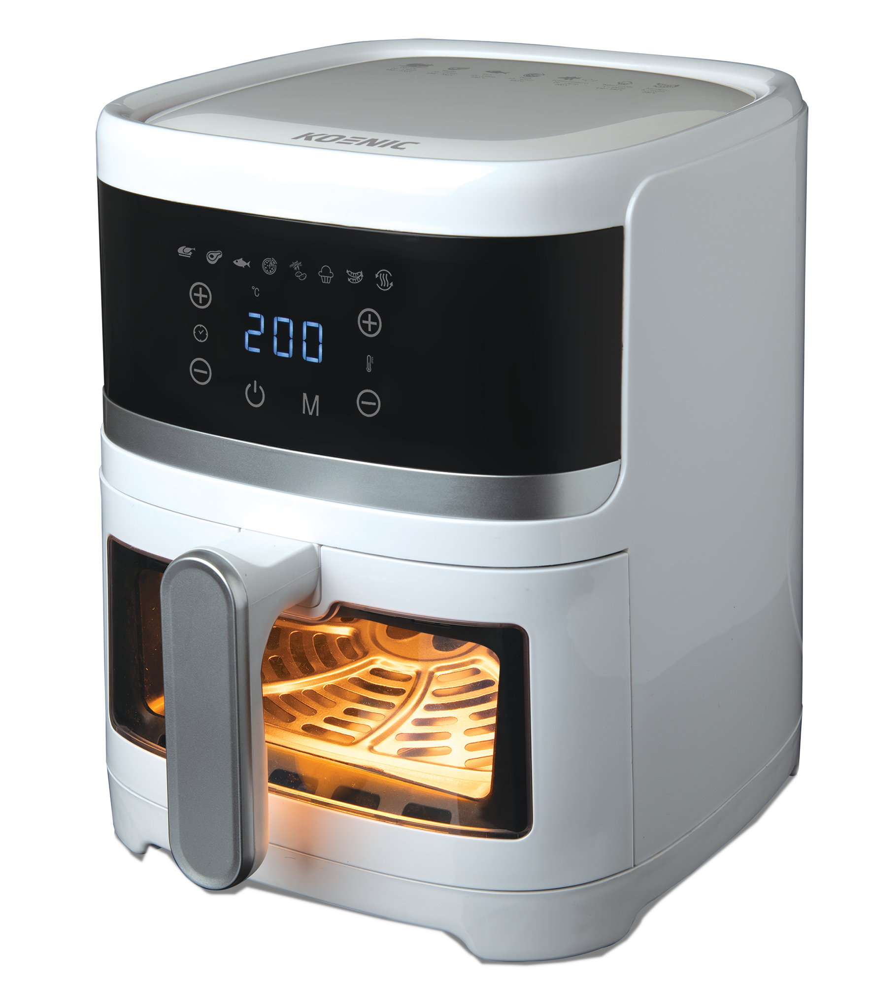 Biała frytkownica powietrzna z cyfrowym wyświetlaczem 200. Drzwi otwarte, wnętrze podświetlone.