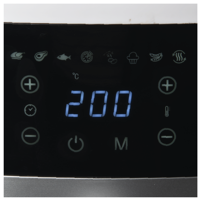 Zbliżenie panelu sterowania frytkownicy beztłuszczowej. Wyświetla temperaturę 200 stopni oraz różne ikony funkcji gotowania.