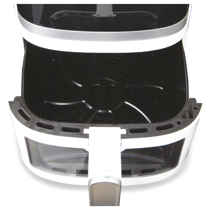 Frytownica powietrzna z wysuniętym koszem. Biało-czarny design. Pokazuje wnętrze urządzenia.