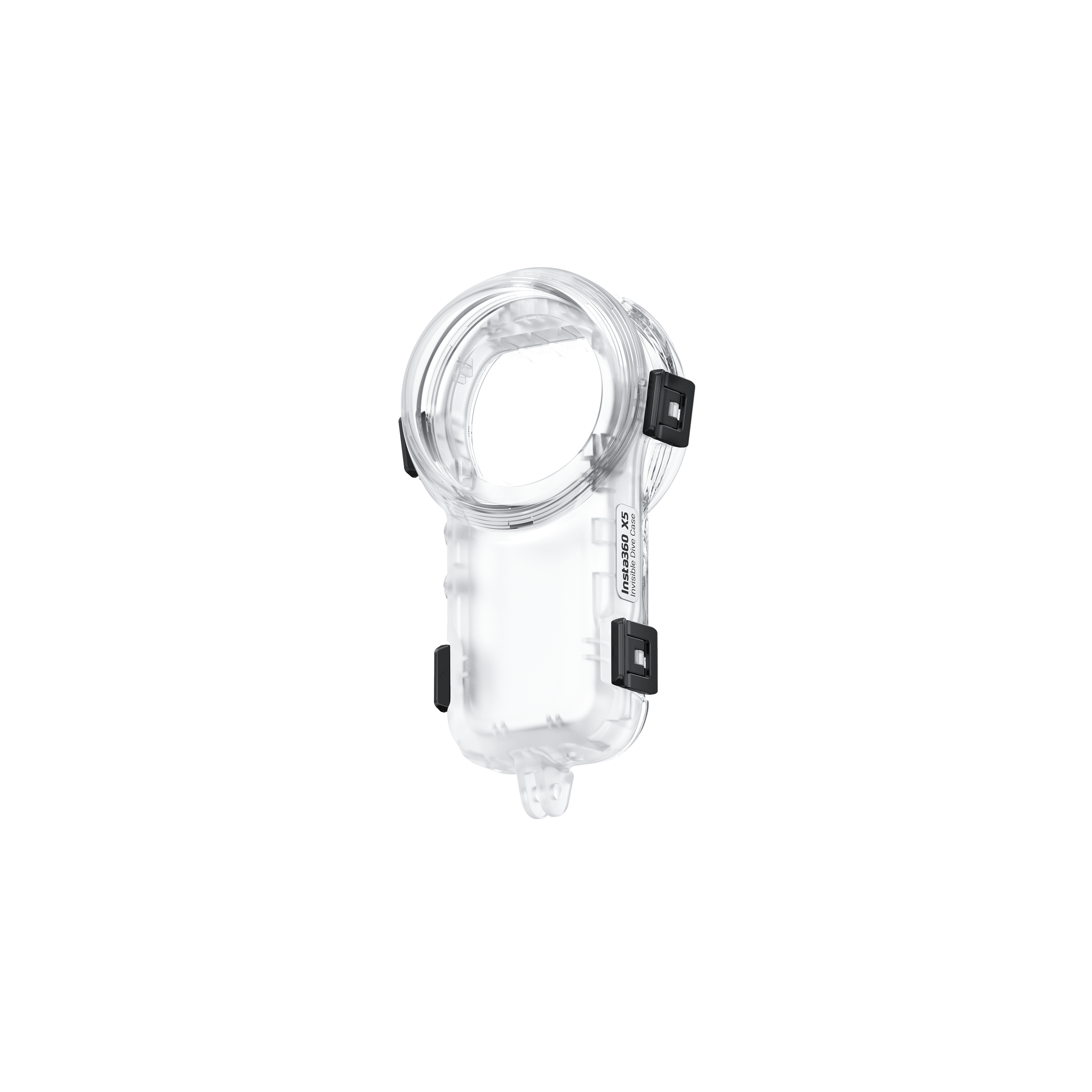 Transparente Insta360 X5 Kamerahülle. Schwarze Clips sichern die Hülle. Schwarzer Hintergrund.