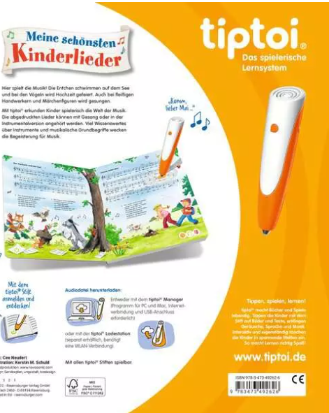 Buchcover mit Stift. Titel auf Deutsch Meine schönsten Kinderlieder. Oranger Hintergrund mit Produktinformationen.