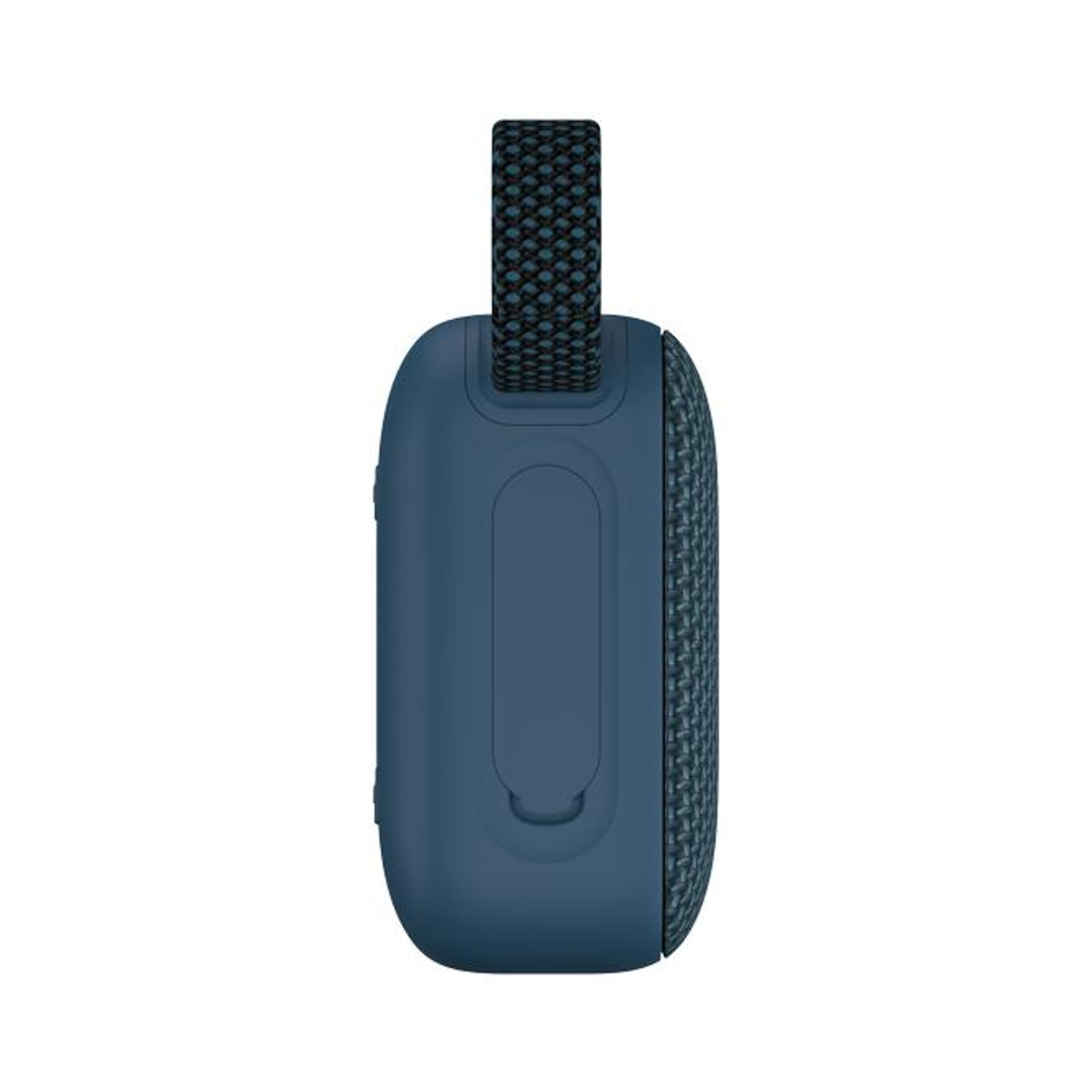 Un altoparlante portatile blu con una cinghia nera e blu. L'altoparlante ha una superficie strutturata e una maniglia integrata.
