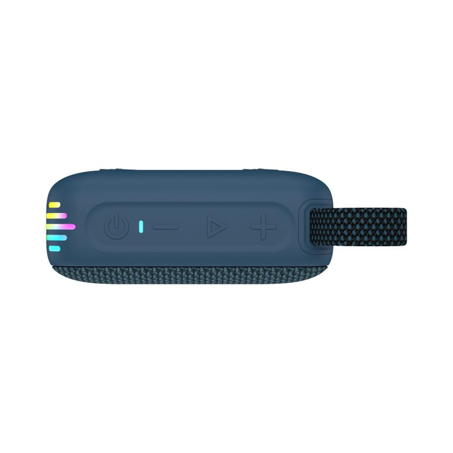 Un altoparlante portatile blu con pulsanti di controllo. Ha una maniglia. L'altoparlante è su sfondo bianco.
