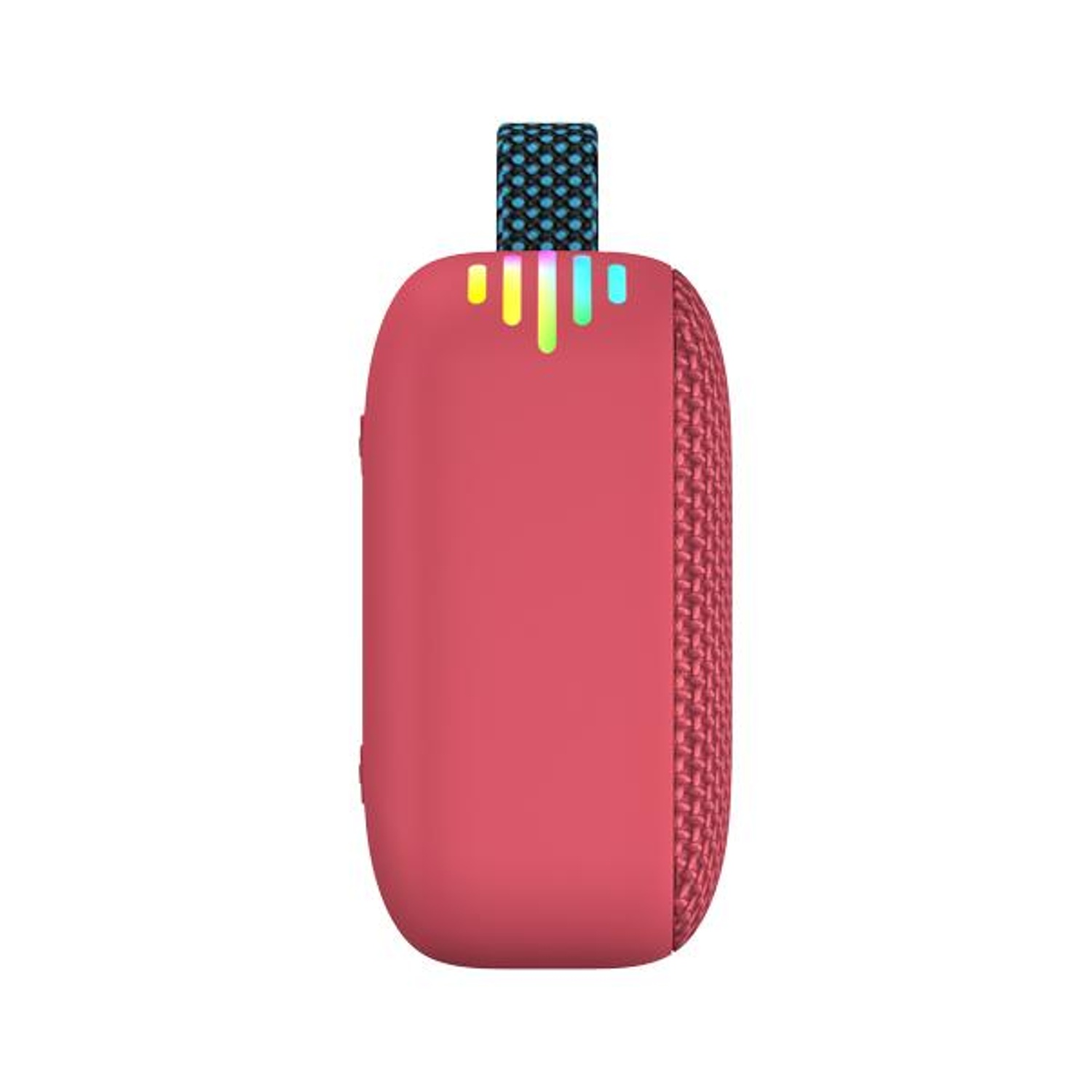 Un altoparlante portatile rosso con una cinghia nera e blu sulla parte superiore. Ha un lato a rete e luci colorate.