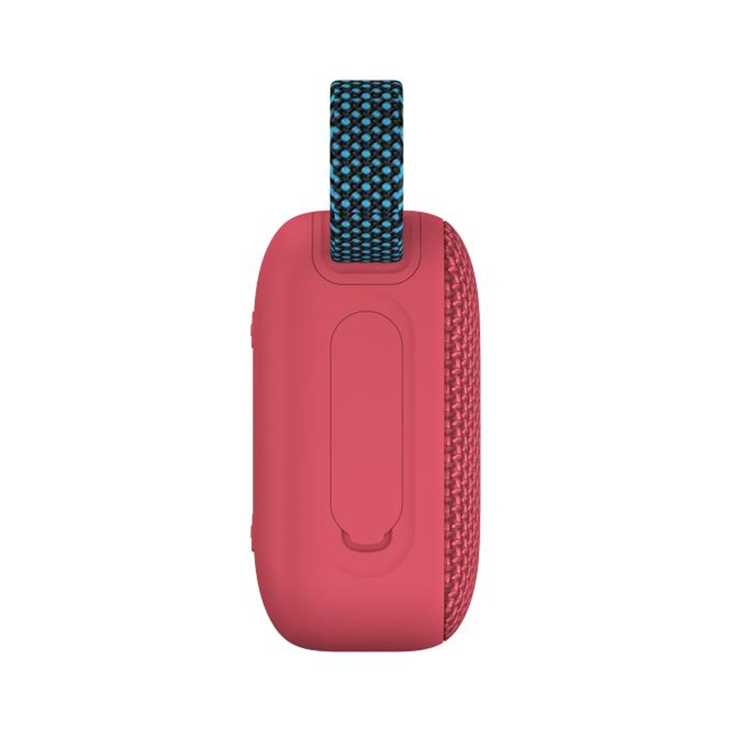 Un altoparlante portatile rosso con un cinturino blu e nero. L'altoparlante ha una rete di tessuto su un lato.