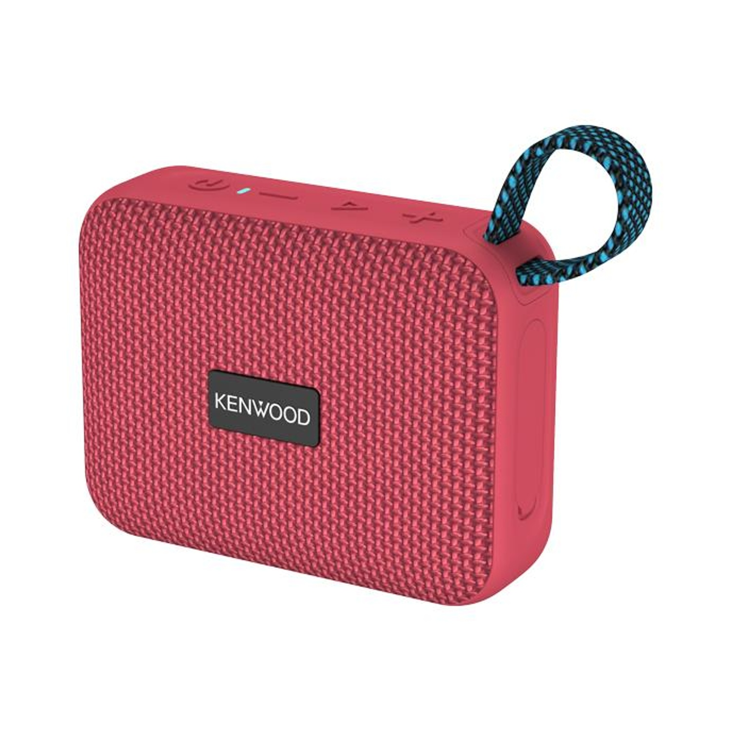 Un altoparlante Kenwood rosso con cinturino blu e nero. L'altoparlante è rettangolare e ha pulsanti in alto. Sfondo bianco.