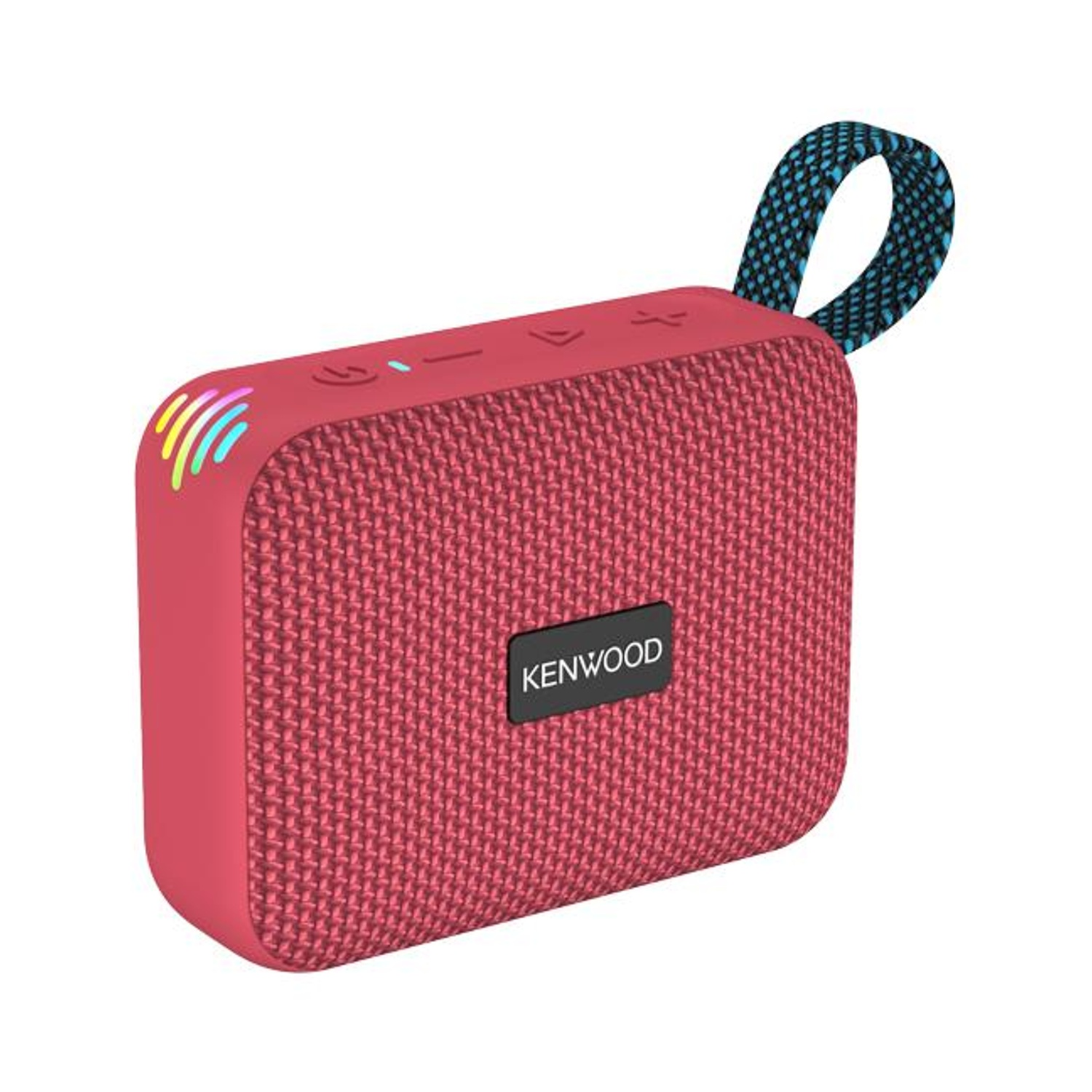 Un altoparlante Kenwood rosso con un cinturino blu e nero. Ha una trama simile al tessuto e un piccolo pannello di controllo.