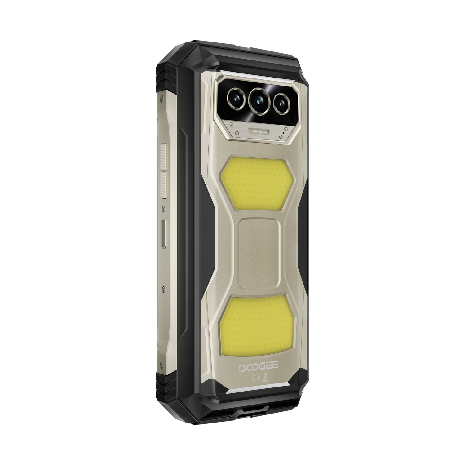 Smartphone robusto. Corpo nero e beige con tripla fotocamera e flash. Logo 'Doogee' in basso.