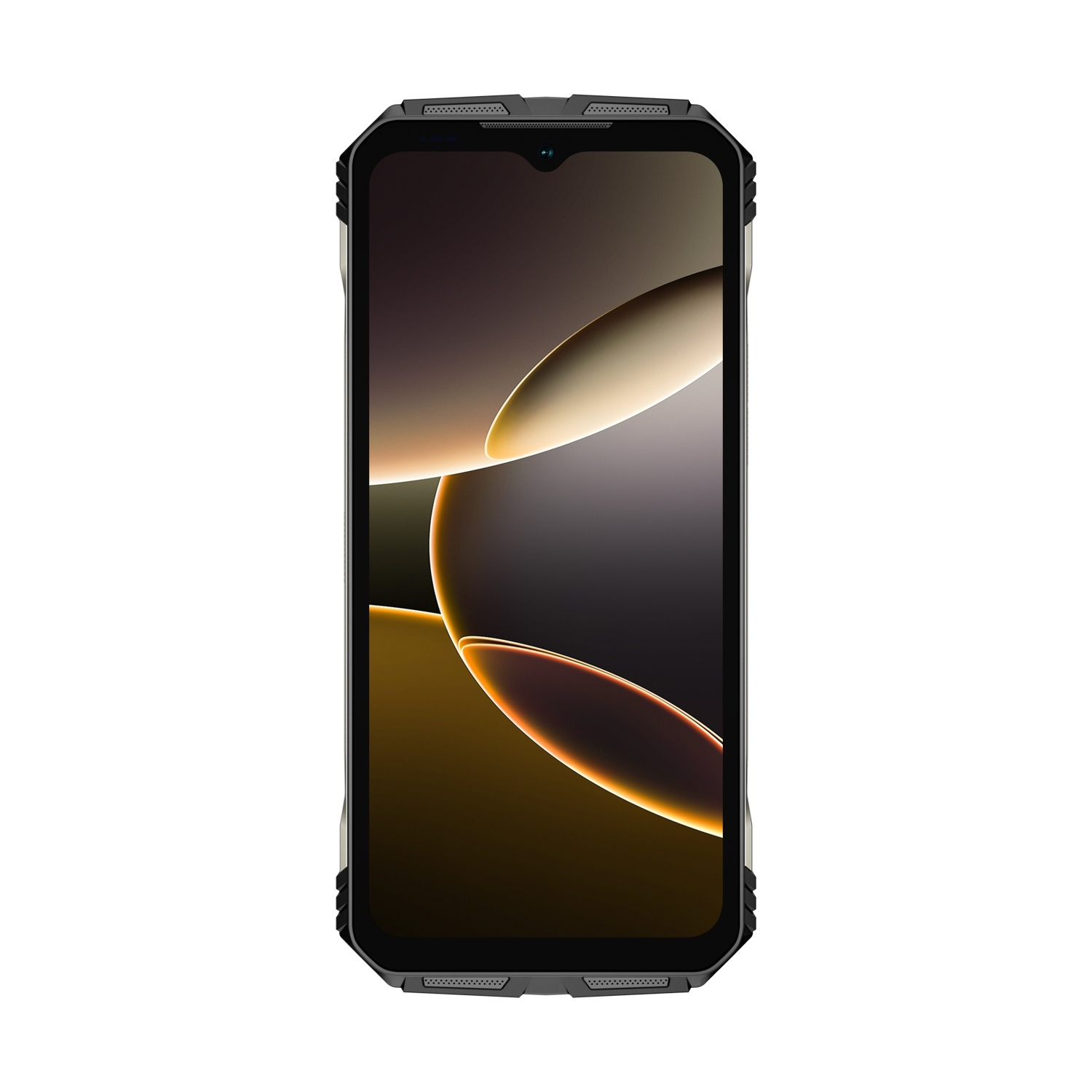 Uno smartphone nero con uno schermo che mostra un design astratto giallo e nero, su sfondo bianco.