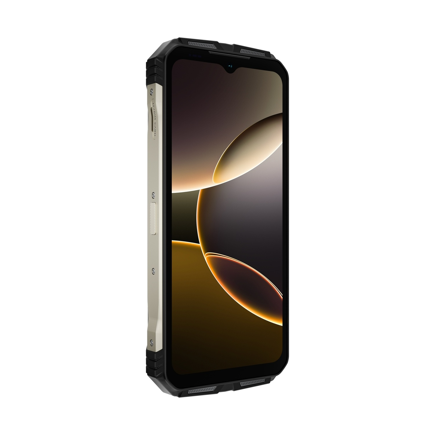 Uno smartphone robusto, leggermente angolato. Lo schermo mostra un design astratto curvo. Il telefono è nero, beige e oro.