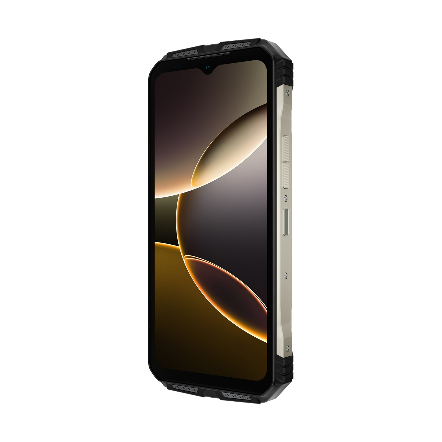 Uno smartphone robusto, nero e beige, angolato a destra. Lo schermo mostra un design astratto. Pulsanti laterali. Cornice nera.
