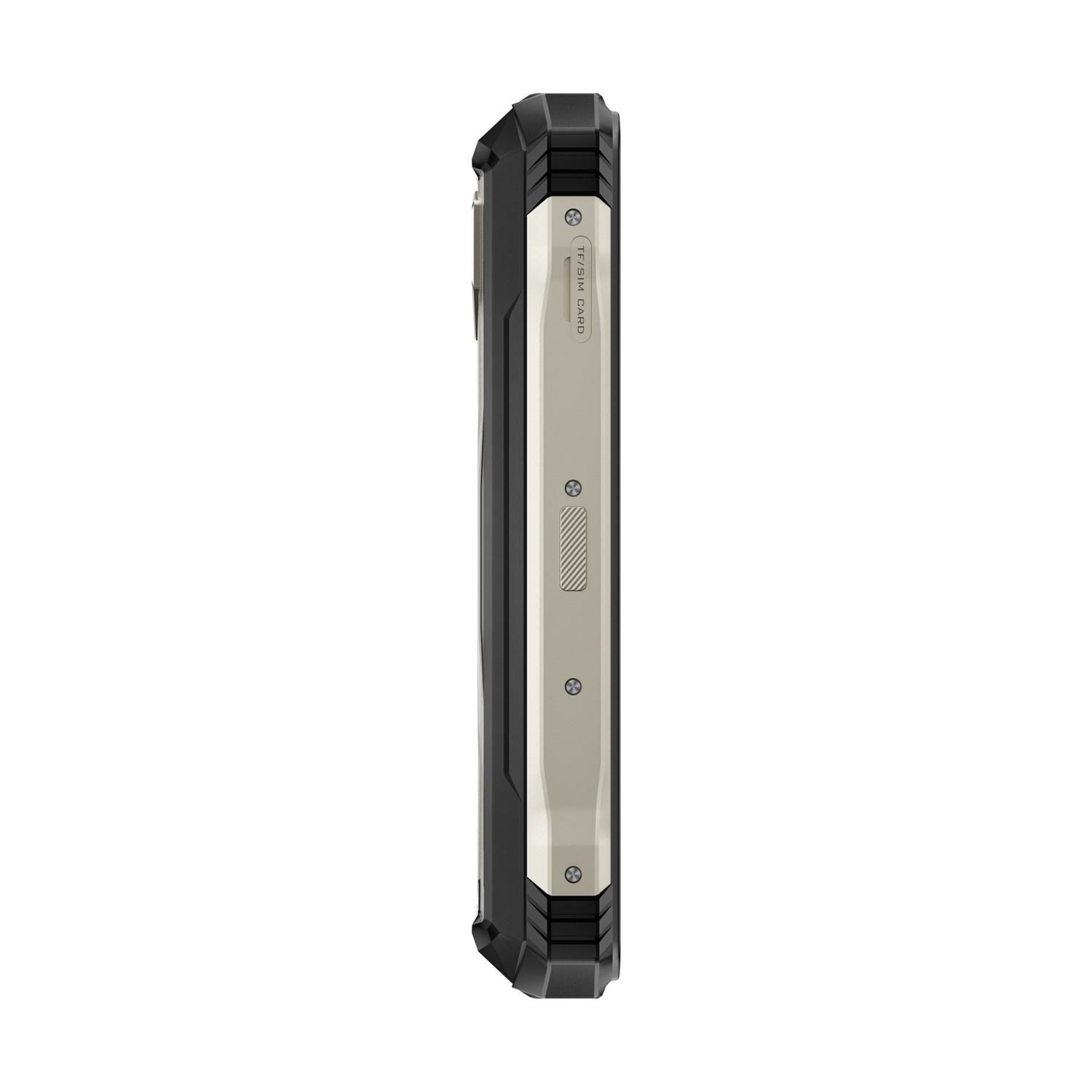 Vista laterale di uno smartphone robusto. Ha un design nero e beige con pulsanti, porte e uno slot per schede SIM visibile.