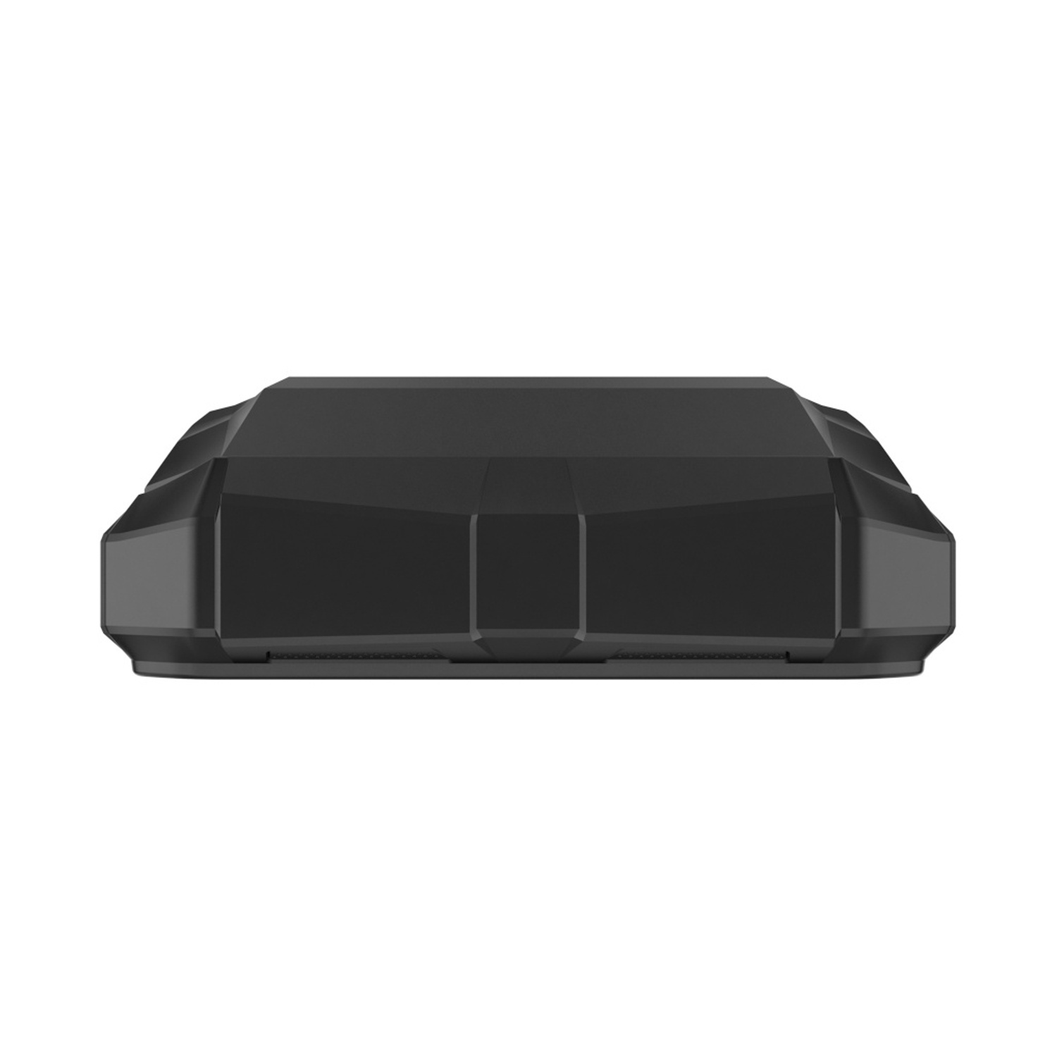 Un dispositivo nero e geometrico con superficie strutturata, su sfondo bianco. Ha un design poligonale distintivo.
