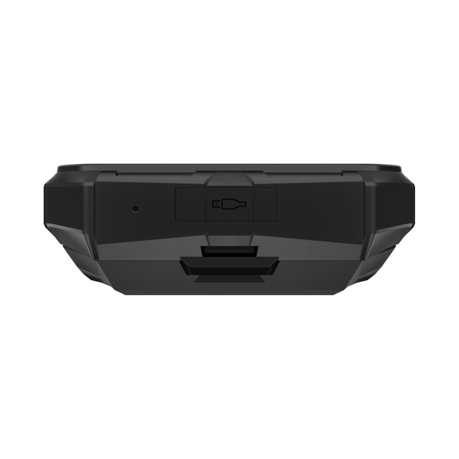 Viene mostrato un dispositivo nero e rettangolare. Ha una porta, un piccolo cerchio e uno slot. Lo sfondo è bianco.