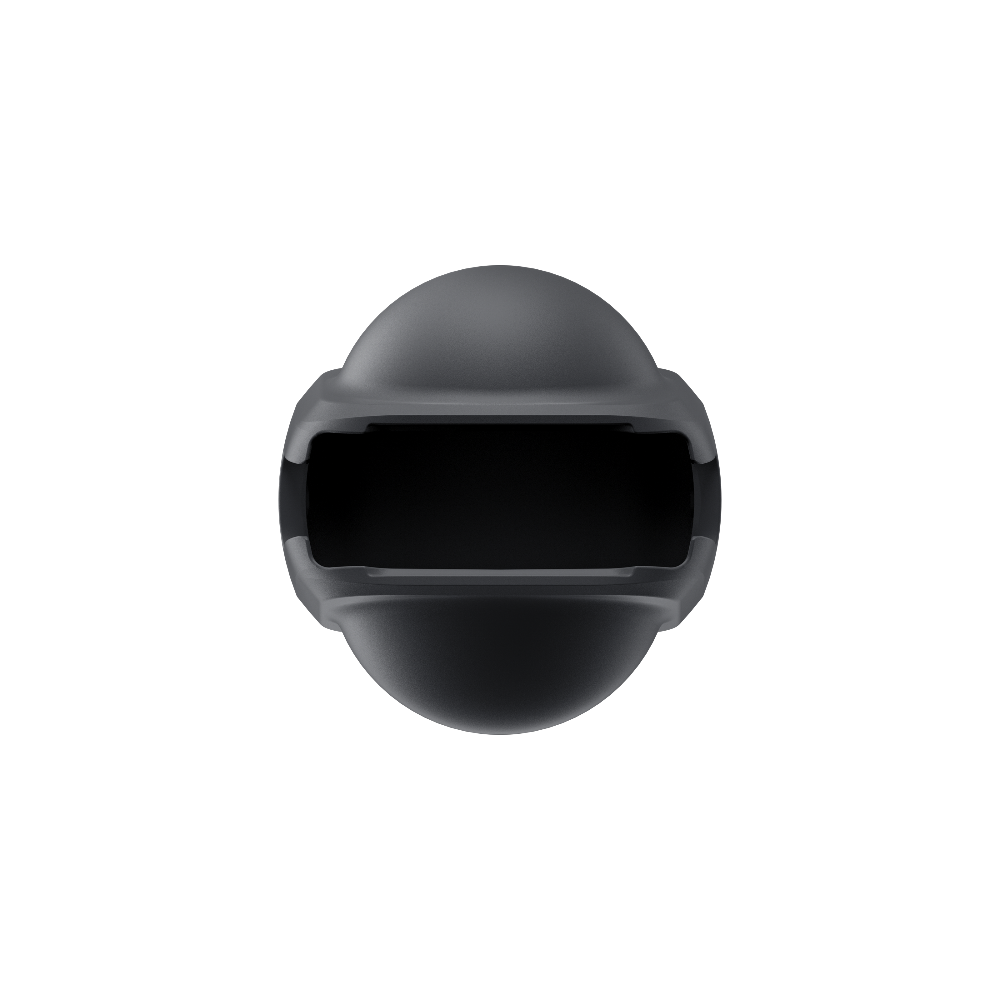 Ein graues VR-Headset vor schwarzem Hintergrund. Das Headset hat eine abgerundete Oberseite und eine rechteckige Öffnung.