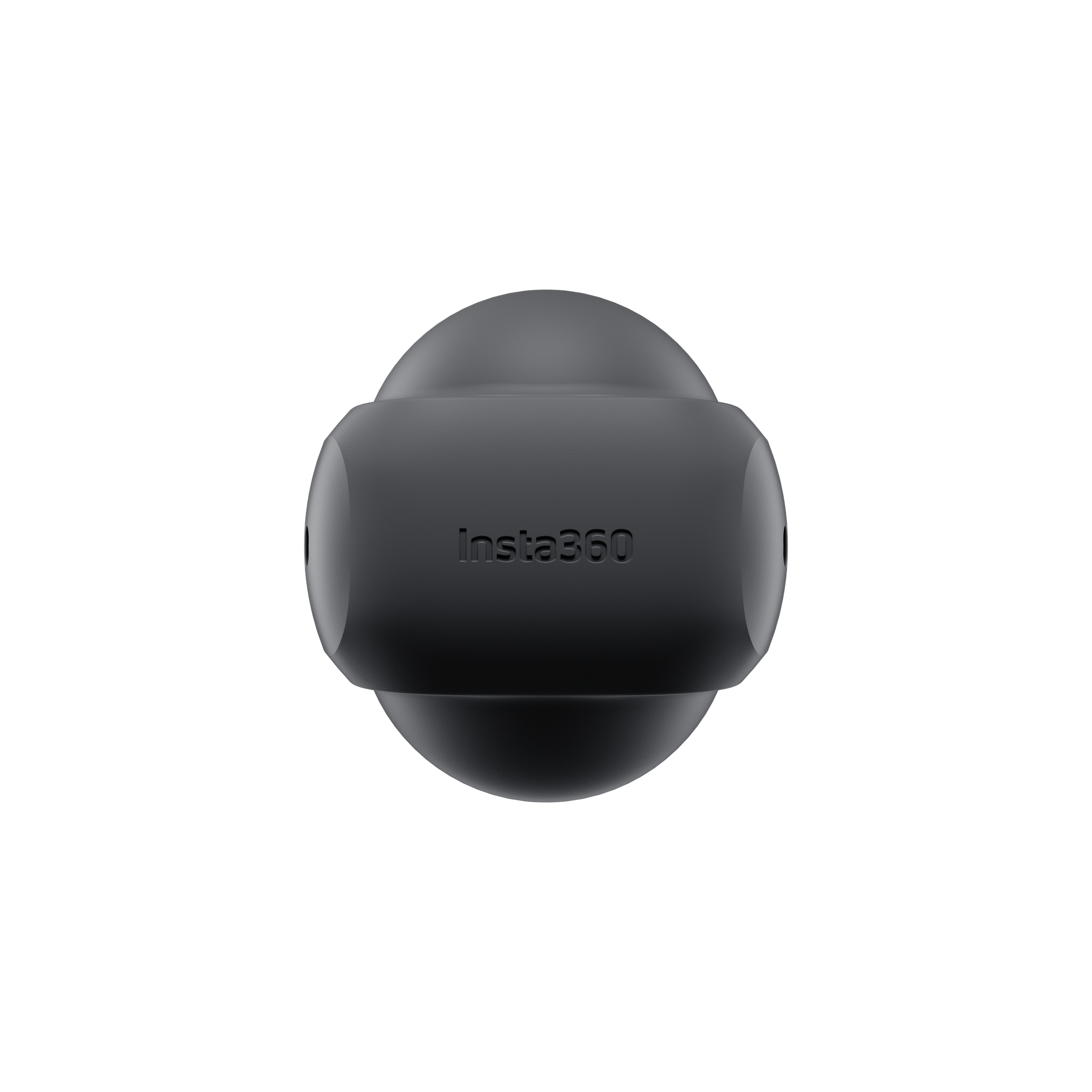 Eine dunkelgraue Insta360-Kamera vor schwarzem Hintergrund. Die Kamera ist zentriert und trägt den Markennamen.
