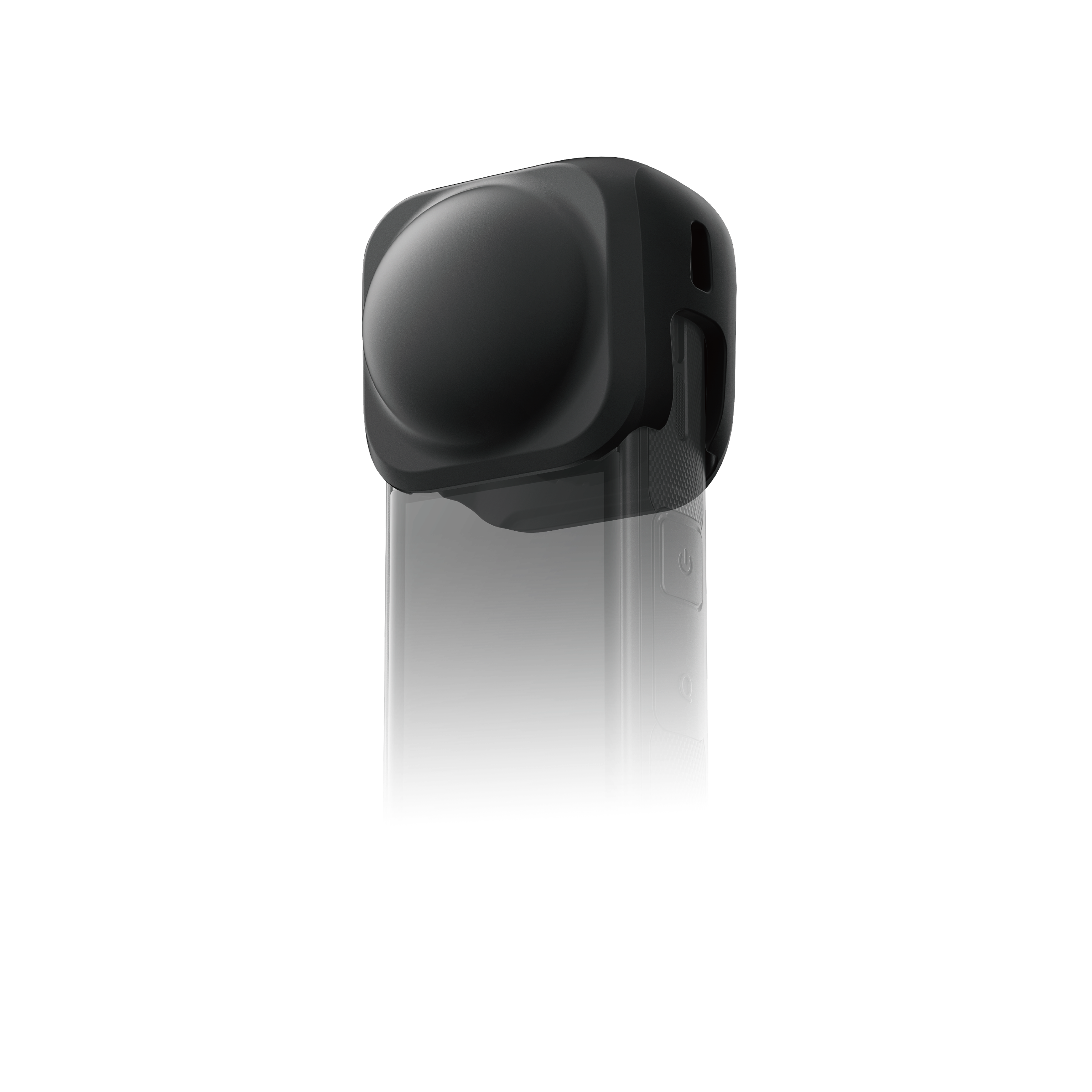 Eine schwarze 360-Grad-Kamera wird auf schwarzem Hintergrund gezeigt. Sie hat eine abgerundete Oberseite und einen rechteckigen Körper mit Tasten.
