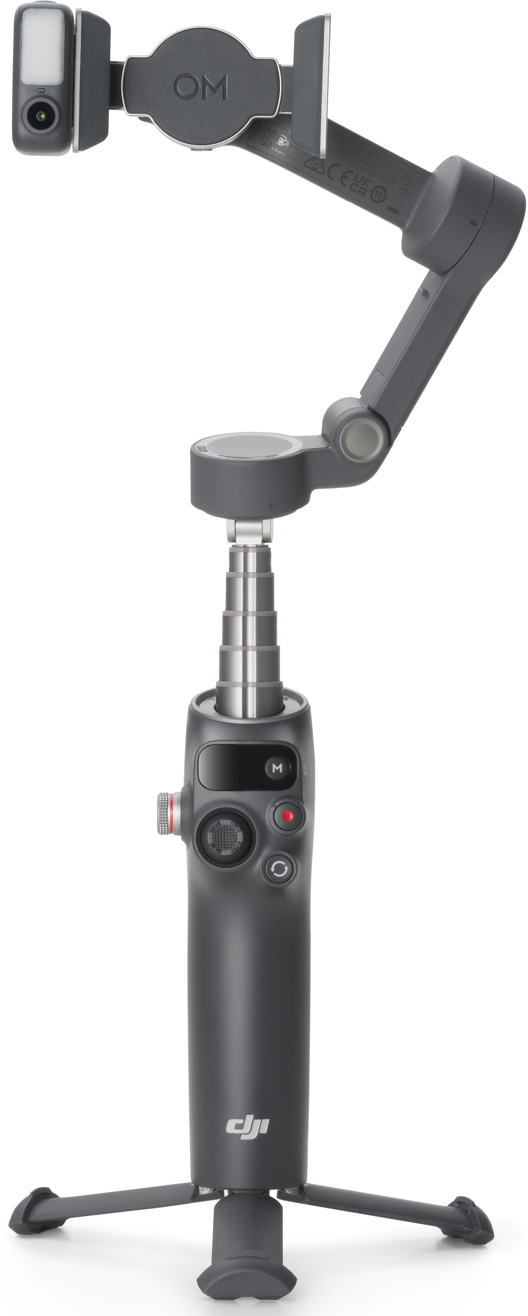 Egy szürke gimbal stabilizátor telefontartóval. Van egy állvány talpa és vezérlőgombjai. Egy lámpa és az 'OM' logó is látható.