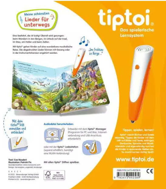 Das Bild zeigt einen Tiptoi-Lernsystemstift und ein Buch mit Illustrationen. Das Cover ist orange mit Text und Bildern.