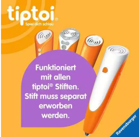 Bild zeigt tiptoi Stifte und Text: 'Funktioniert mit allen tiptoi Stiften. Stift muss separat erworben werden.' Orange und weiße Stifte.