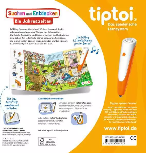 Buchcover mit Illustrationen von Jahreszeiten, einem Stift und Text, der interaktives Lernen für Kinder bewirbt.