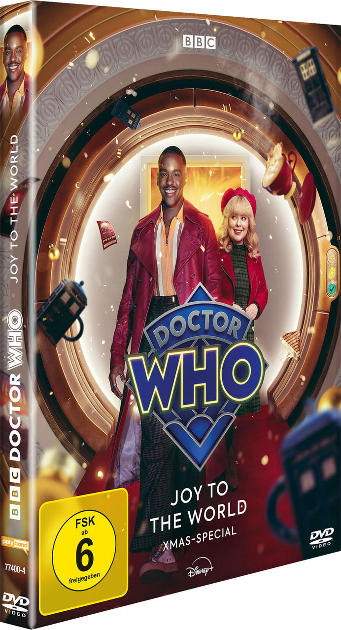 DVD-Cover für Doctor Who: Joy to the World. Zeigt zwei Personen vor einem blauen Logo und TARDIS-Modellen.