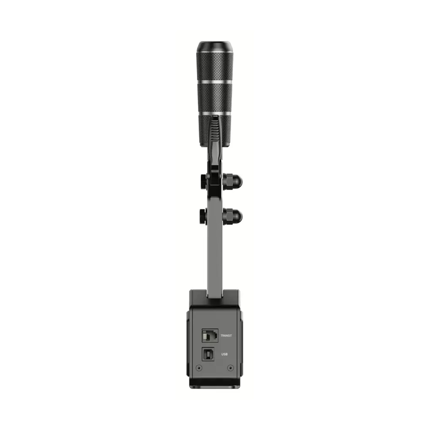 Una leva del cambio nera e argentata, con impugnatura testurizzata. Ha una base rettangolare con porte etichettate 'Transit' e 'USB'.