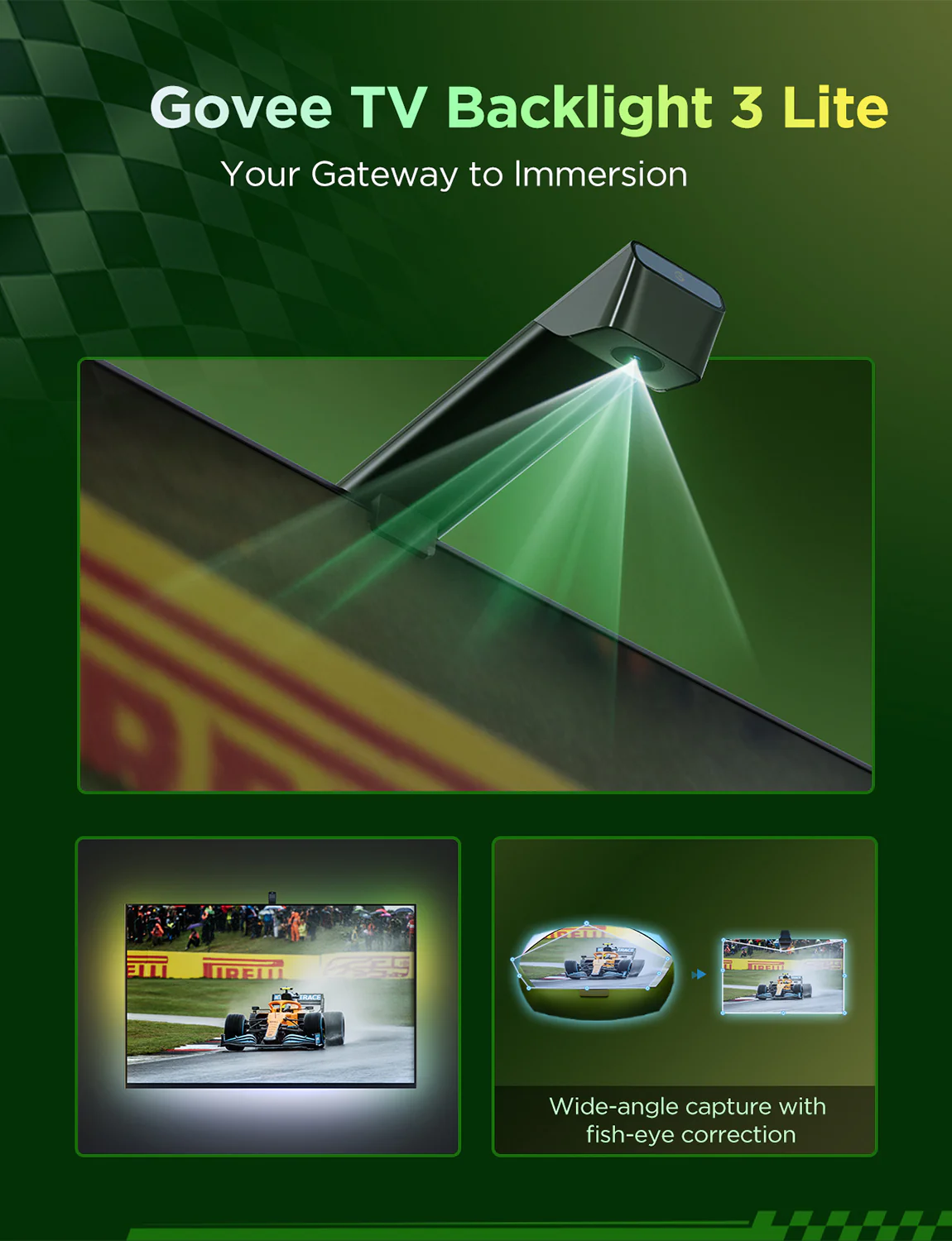 A képen egy TV-háttérvilágítás látható, egy Formula 1-es autóval a képernyőn. Széles látószögű felvétel halszemkorrekcióval.