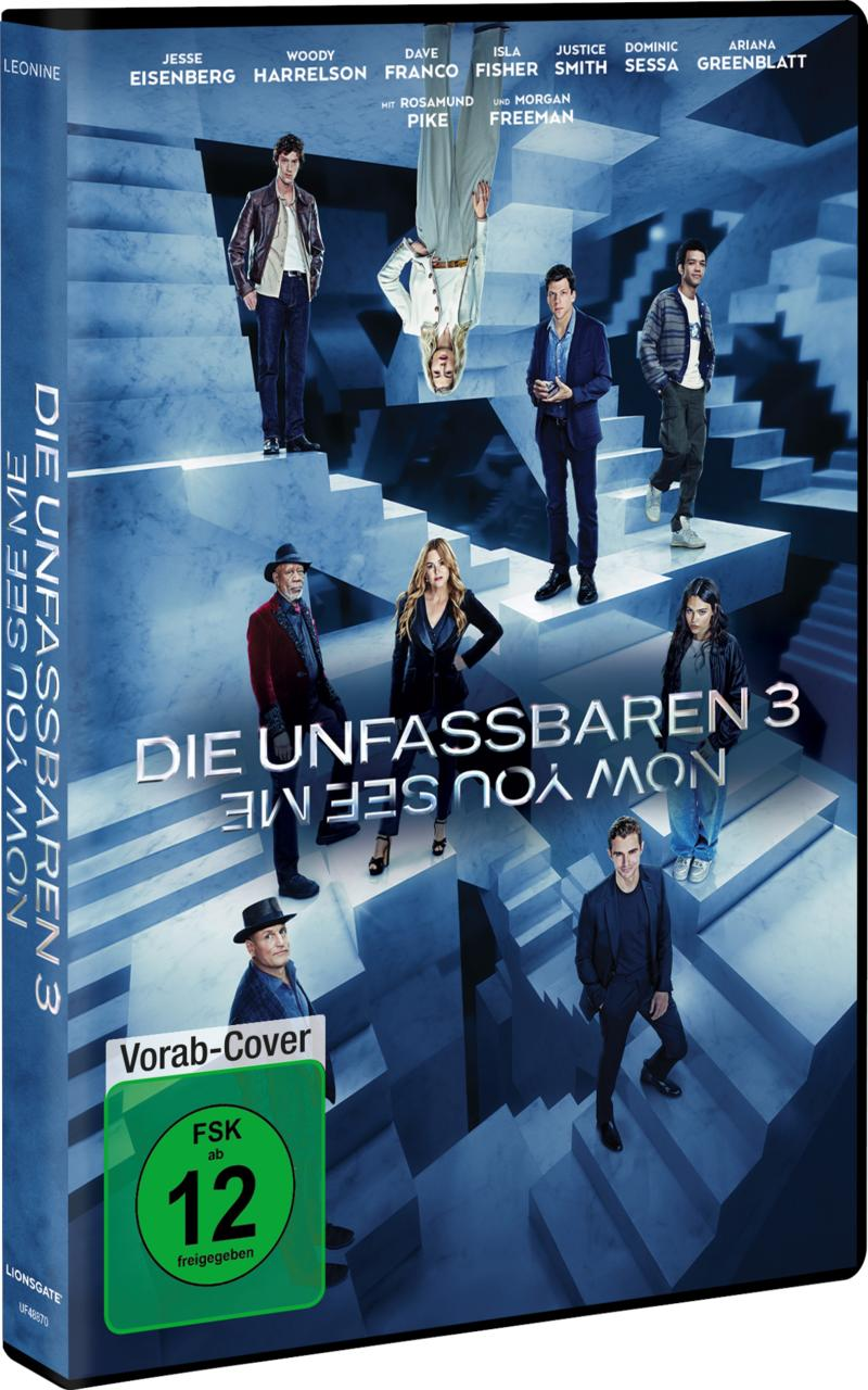 DVD-Cover für 'Now You See Me 3'. Schauspieler stehen auf Treppen. Text enthält Namen, Filmtitel und Altersfreigabe.