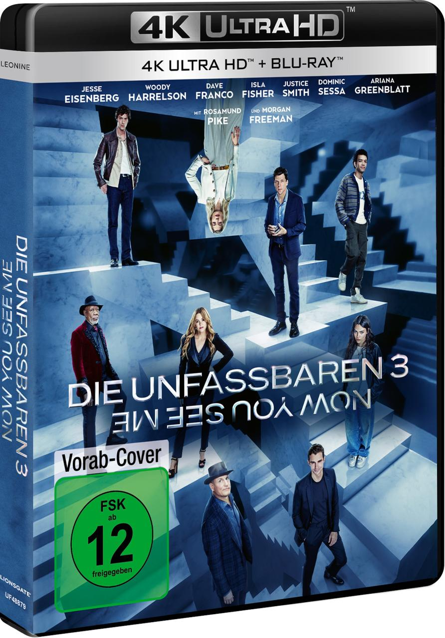 DVD-Cover für 'Now You See Me 3'. Schauspieler stehen auf einer Treppe. Titel auf Deutsch und Englisch. 4K Ultra HD und Altersfreigabe sichtbar.