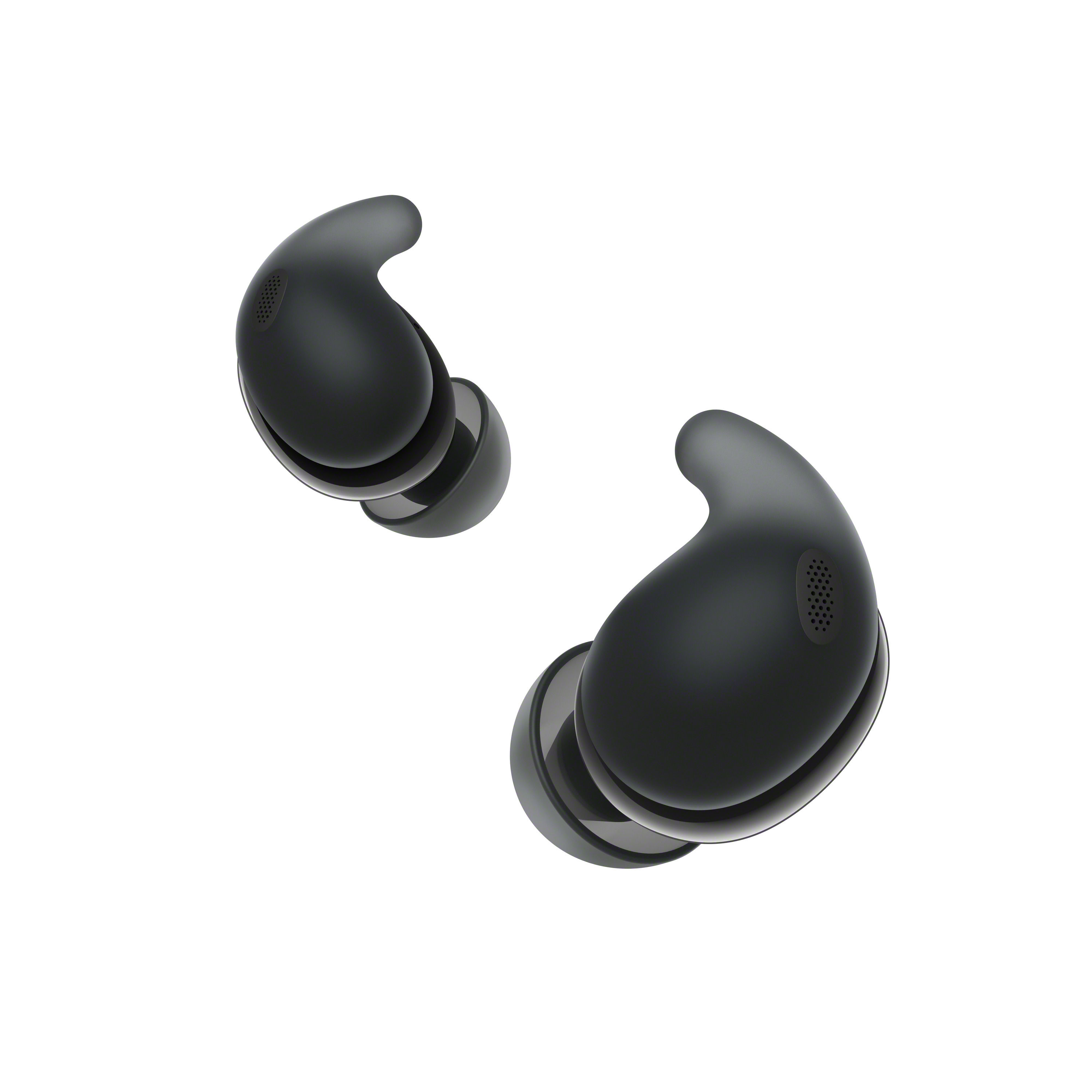 Dos auriculares inalámbricos negros sobre fondo blanco. Uno está más cerca con detalles.