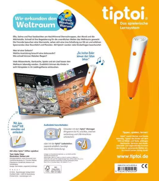 Ein orange-weißer tiptoi-Stift liegt auf einem Buch über den Weltraum. Das Buch zeigt eine Rakete, Planeten und Astronauten.