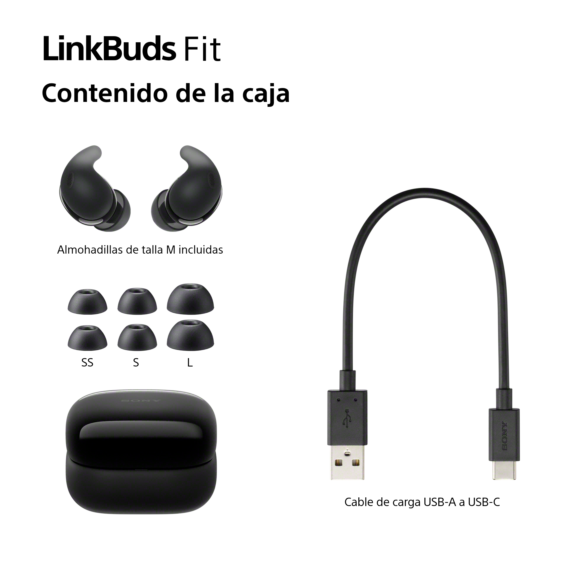 La imagen muestra auriculares negros, almohadillas de diferentes tamaños, un estuche de carga y un cable USB-A a USB-C.