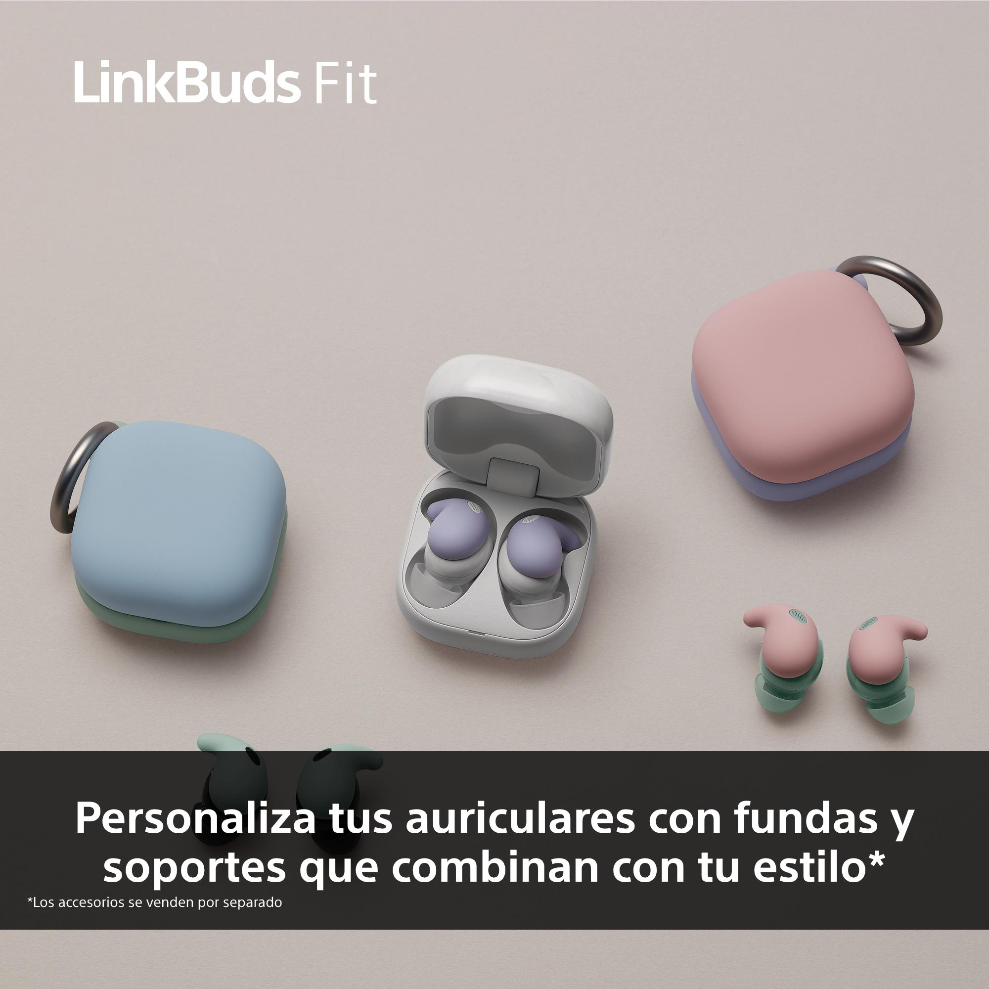Imagen muestra LinkBuds Fit, auriculares y estuches en varios colores. Texto dice: 'Personaliza tus auriculares con fundas que coincidan con tu estilo'.